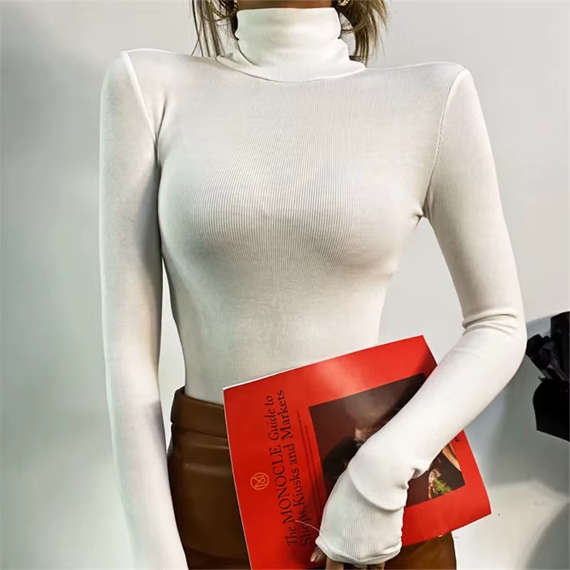 Polyester Spandex One-Piece T-Shirt High Collar Long Sleeves Slim Sexy Elastic Leggings Formal Winter Skinny Hidden Summer