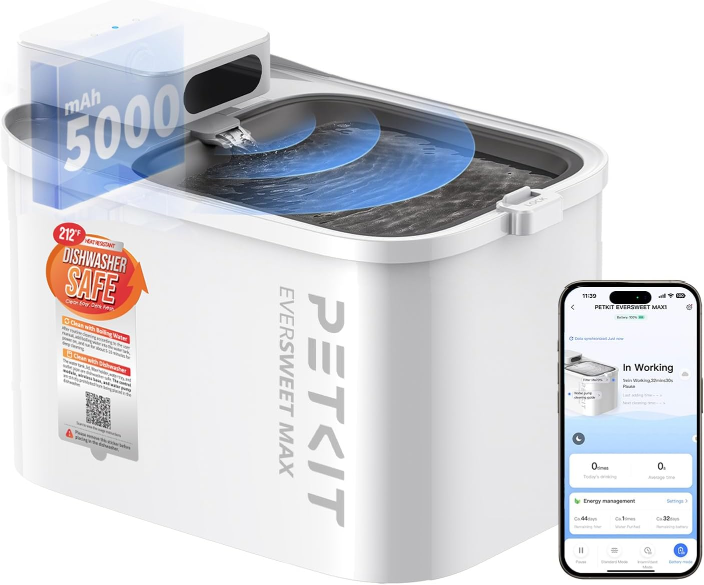 Wireless Cat Water Fountain, EVERSWEET MAX 2, Heat-Resistant Material for Hot Water Cleaning and Dishwasher-Safe, Battery Operated Cat Fountain with Motion Sensor & App Control, Ultra Quiet, 3L