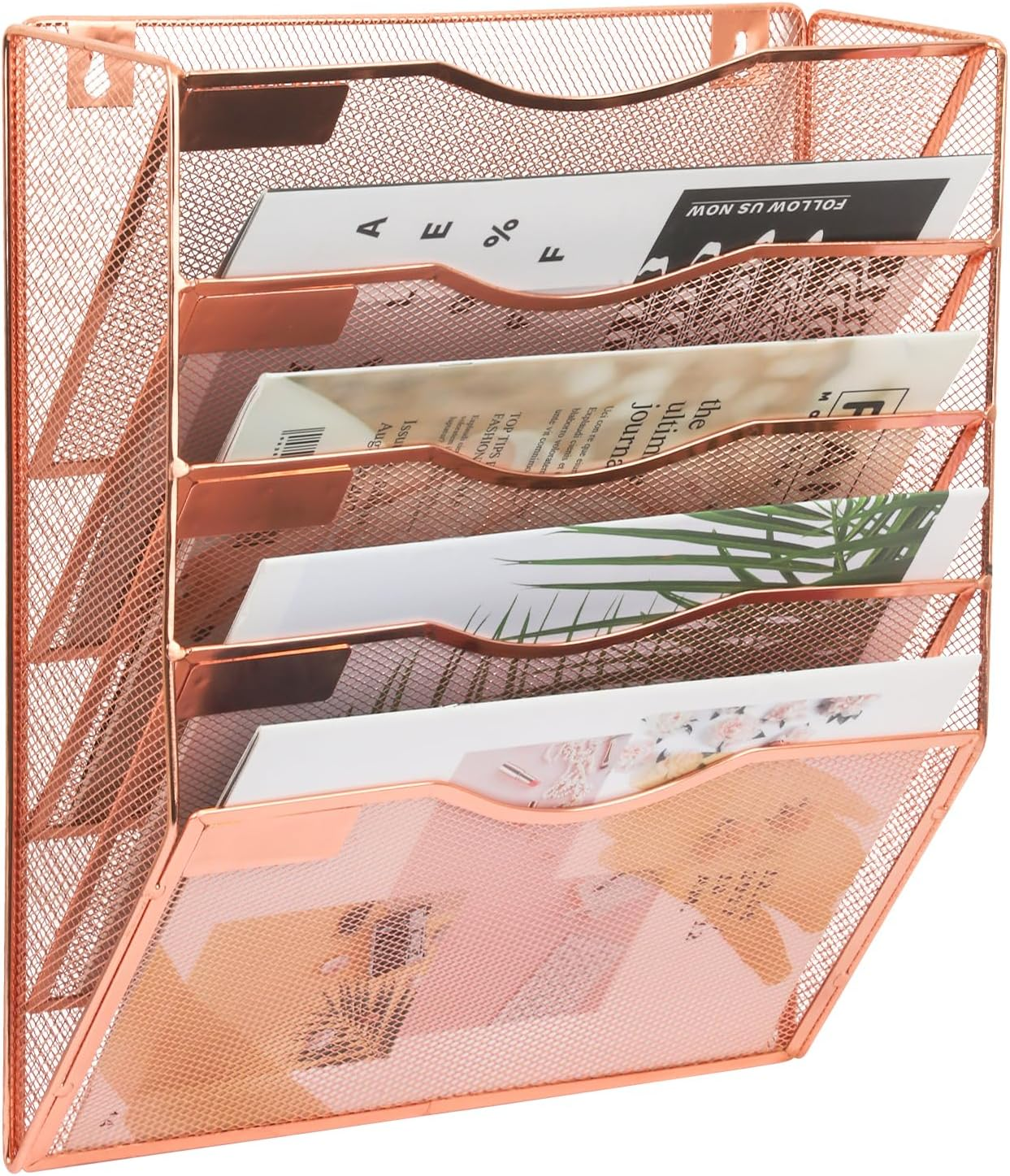 5 Pocket Mesh Hanging Wall File Organizer, Wall Mounted Mail Paper Document Folder Holder, Clipboard Storage Organization Magazine Rack with Nametag Label for Office Home School, Rose Gold