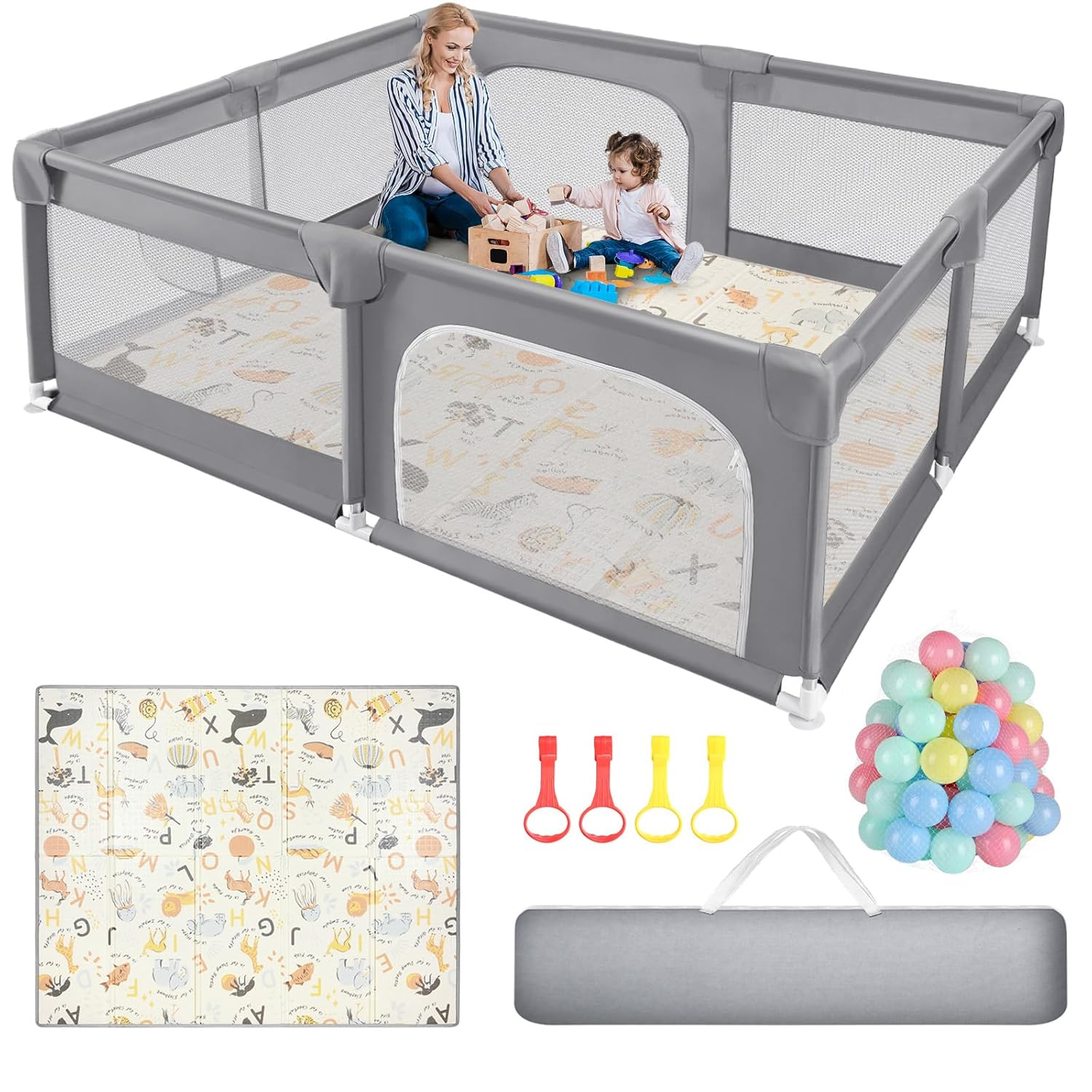Baby Playpen with Play Mat, 79X71 Inch Extra Large Playpen for Babies and Toddlers, Baby Fence Play Pen Yard with Safety Gate Fence with 50 Ocean Balls 4 Pull Rings for Kids Indoor Outdoor