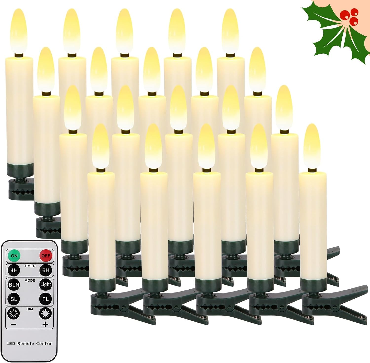 20 PCS Christmas Tree Candles Lights Flickering,Clip on Candle Battery Operated Taper Candle Stick with Timer,Mini Flameless Candles for Wreath Candelabra Waterproof Outdoor