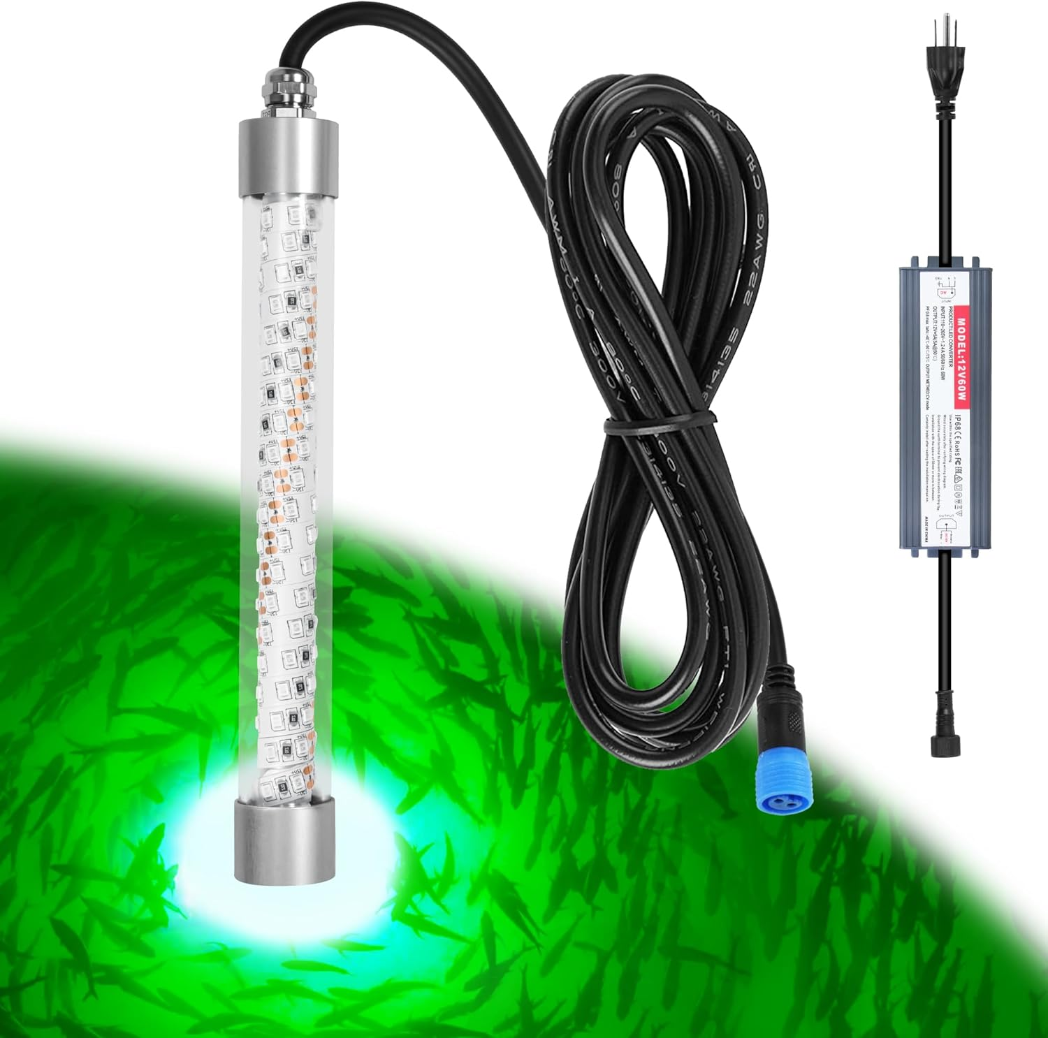Underwater Fishing Light 100W 10000Lm Fish Attracting Light for Boat Docks Kayaks at Night, Submersible Green Light for Crappie Snook Squid Bait Catfish (16.4Ft Cord)