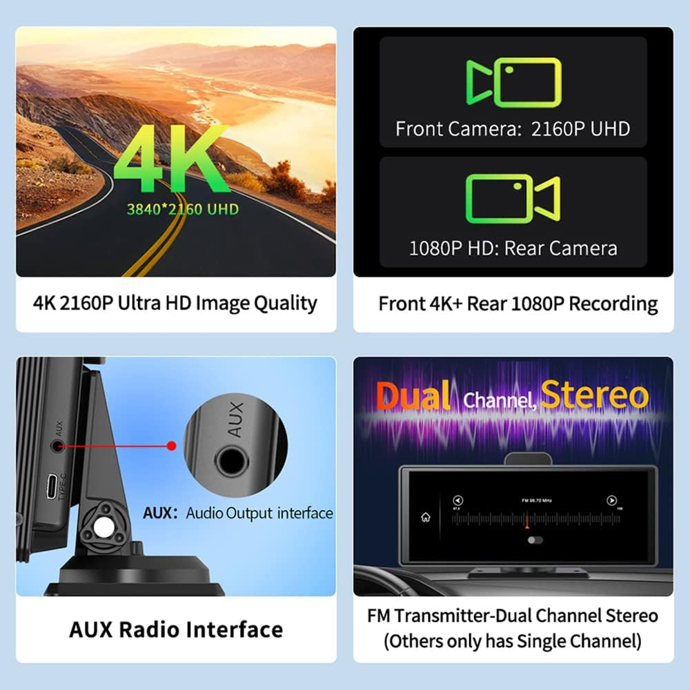 10" Portable Car Radio Touchscreen Dash Cam Wireless Carplay & Android Auto C... - Picture 7 of 14