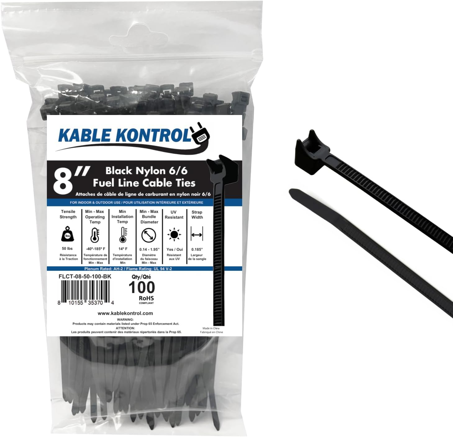 Radius Clamp Head Fuel Hose Cable Ties, 8 Inch 100 Pcs, 50 Lbs Tensile Strength, Nylon UV & Chemical Resistant Hose Clamp Zip Ties for Indoor, Outdoor, and Industrial Use - Black