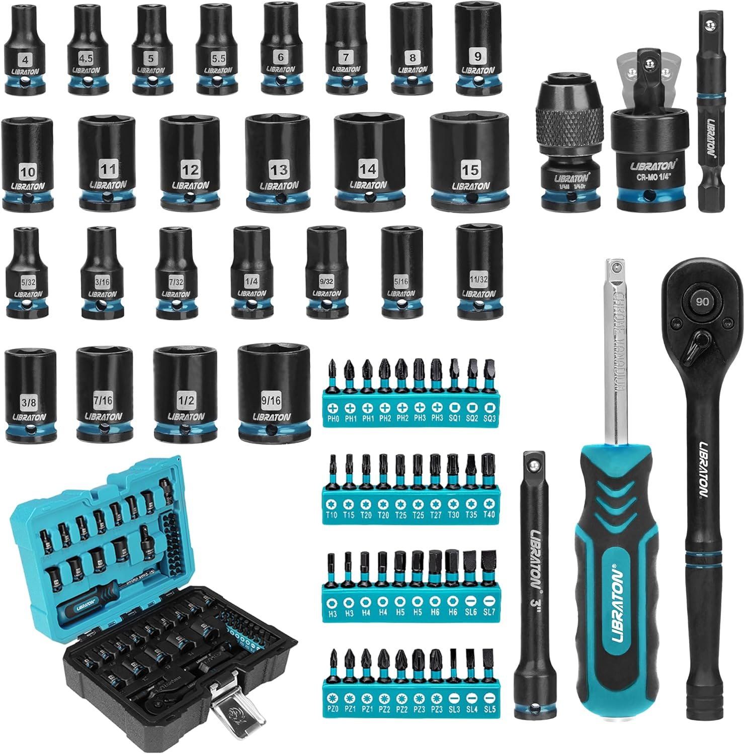 71PCS 1/4 Impact Socket Set, SAE &Metric, Complete Socket &Bit Set | Impact Ready Drive Socket Kit with 90-Tooth Ratchet & Spinner Handle for Drill & Impact Driver, Automotive Repair Tool Kit