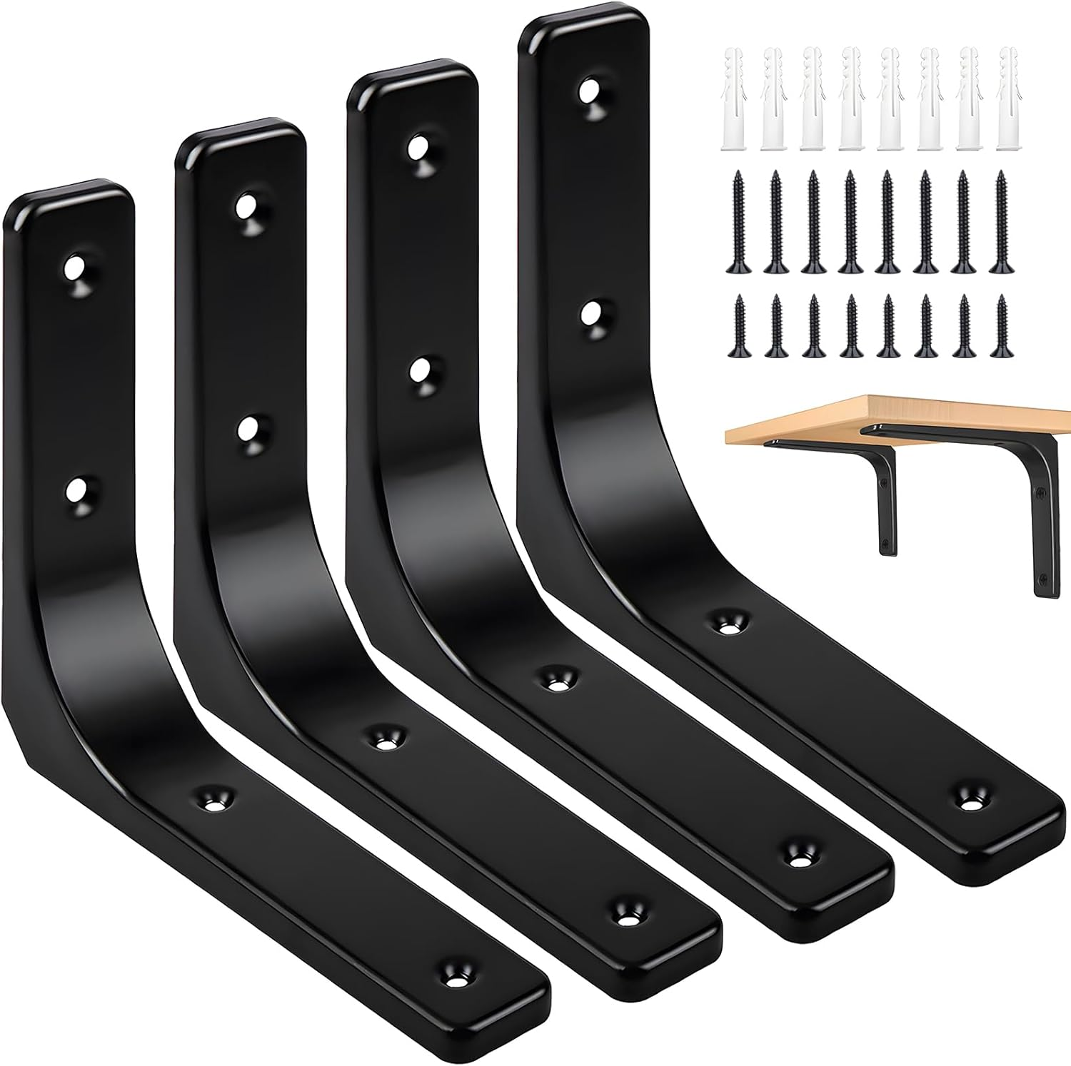 Metal Shelf Brackets, 4 X 4 Inch Heavy Duty L Hanging Angle Brackets, Iron Wall Bracket for Countertop Support, Corner Brace Joint, Black, 4 PCS