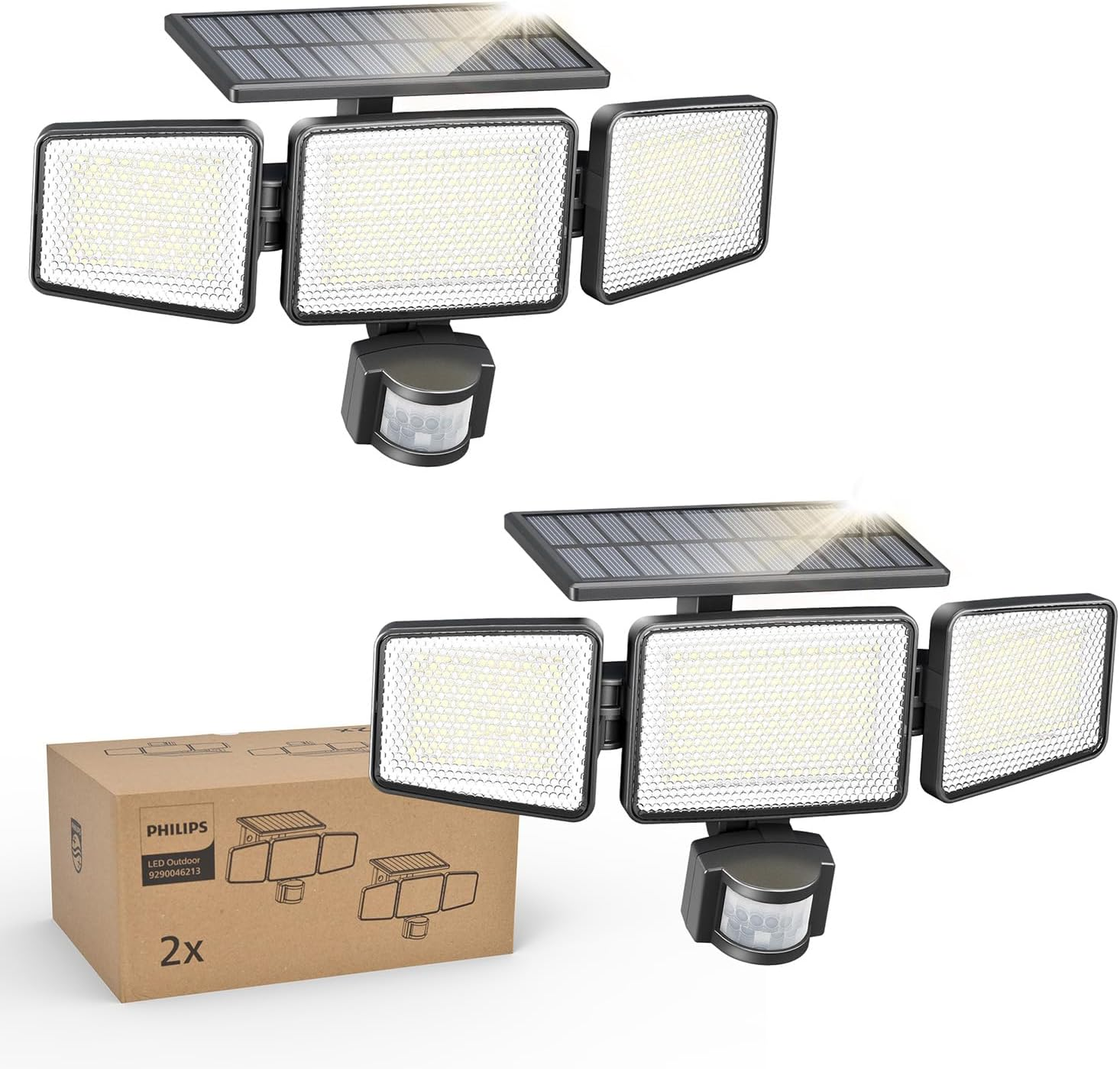 Solar Security Light Outdoor 302 LED 1200Lm,Solar-Powered Waterproof Wall-Mounted Flood Light W/Pir Motion Sensor, 3 Heads, IP65 Waterproof, 3 Modes (2 Packs)