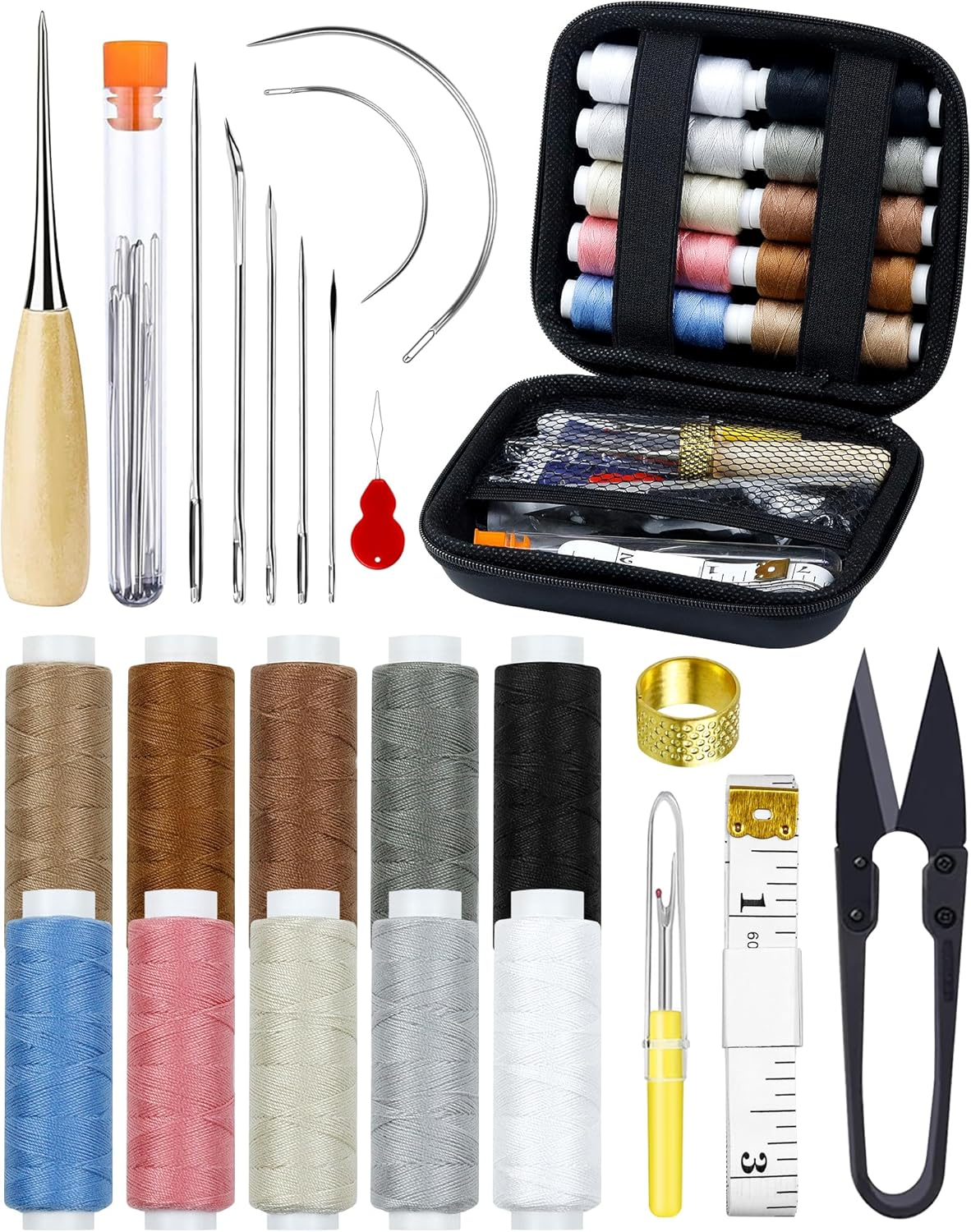 Upholstery Repair Sewing Kit, Heavy Duty Sewing Kit with Sewing Awl, Seam Ripper, Leather Hand Sewing/Stitching Needles, Sewing Thread for Car/Sofa/Backpack/Shoe, Craft DIY, 10 Color, 47Pc