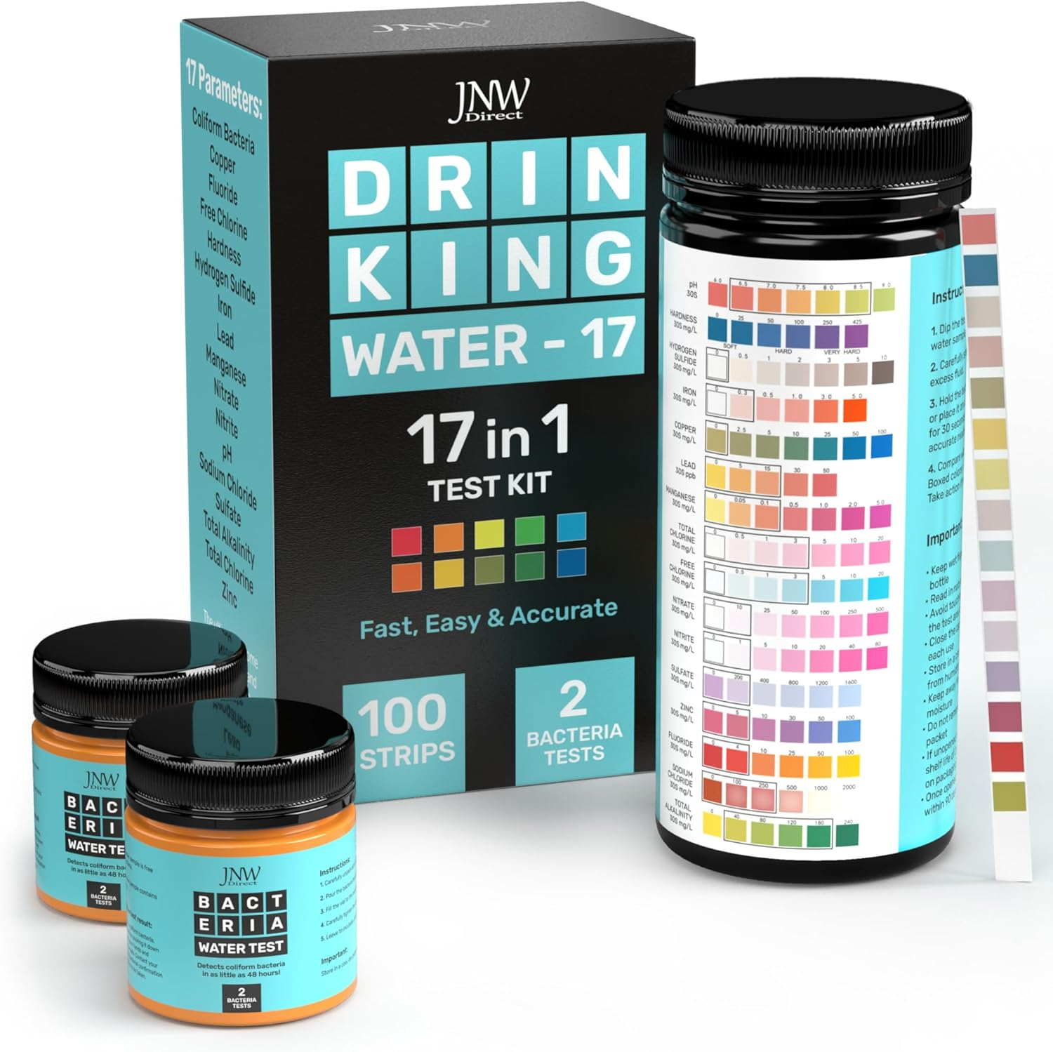 17-in-1 Drinking Water Test Kit - 100 Strips + 2 Bacteria Tester Kits - Well, Tap, Home, City Water Testing Strip for Lead, Alkaline, Chlorine, Hardness, Iron, Fluoride, Copper & More
