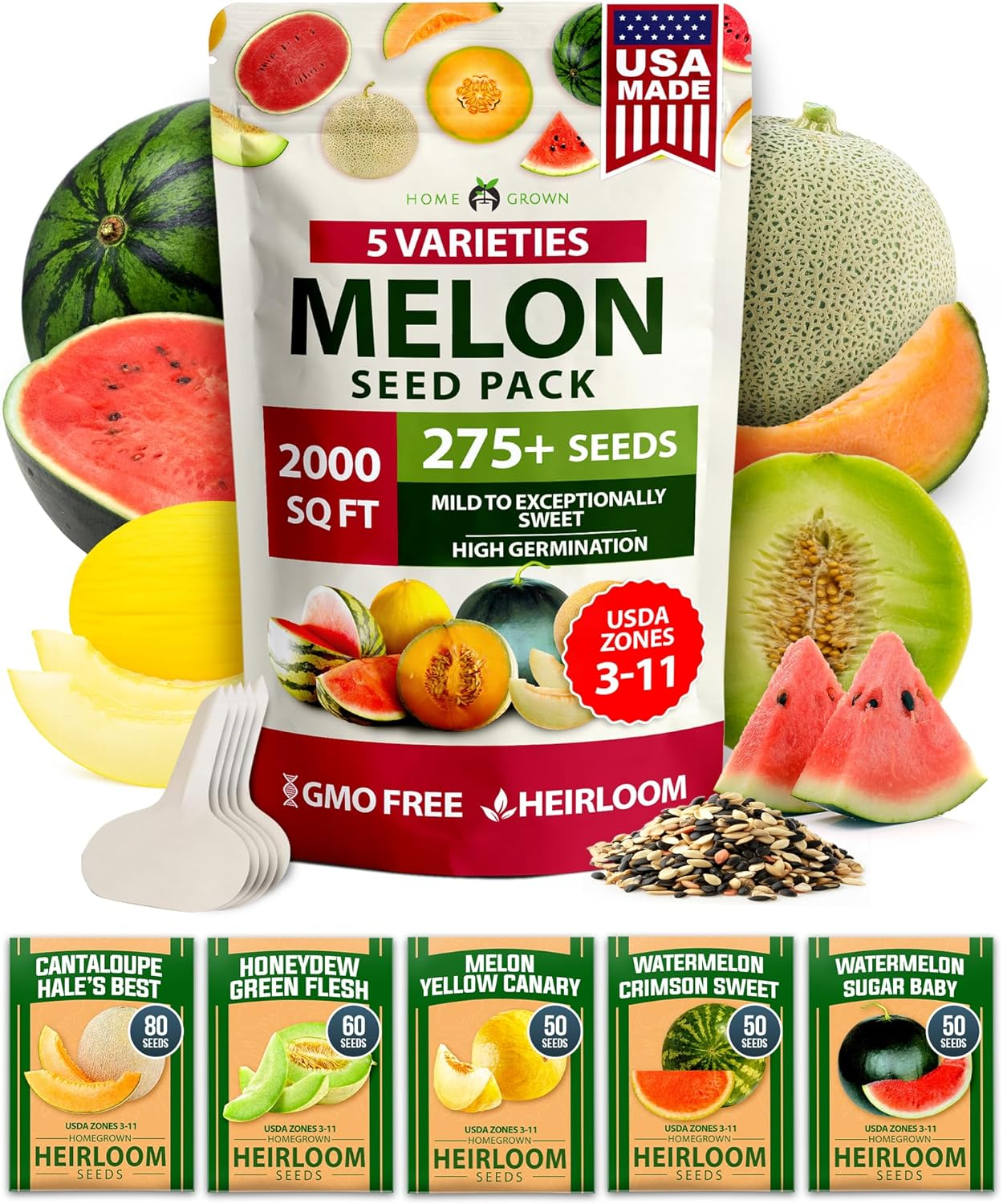Melon Seeds 5 Variety Mix 115+ Heirloom Non-GMO, High Germination