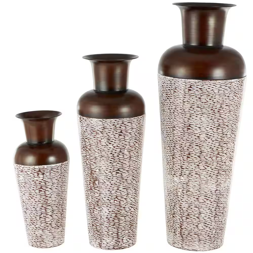 White Tall Spotted Tapered Floor Metal Decorative Vase with Brown Trumpet Tops (Set of 3)