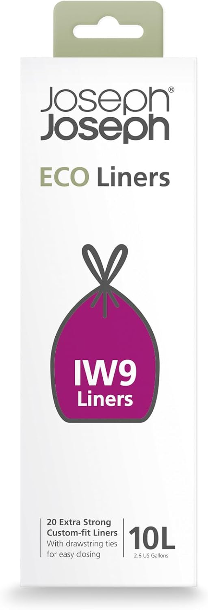Joseph Joseph Eco IW9 Recycled Bin Liners, Kitchen/Bathroom Waste Bags, Tie Tape Drawstring, Extra Strong, 20-Pack, 10L, Grey