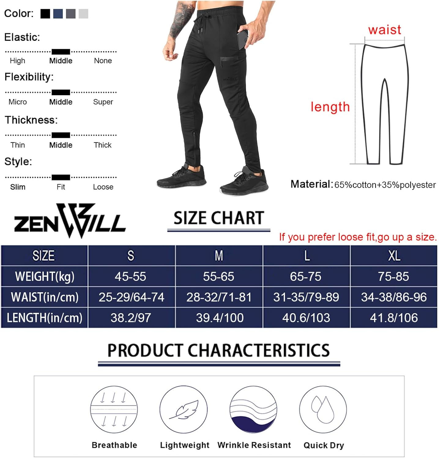 ZENWILL Mens Zip Gym Joggers Track Pants,Men's Casual Workout Sweatpants with... - Picture 8 of 16