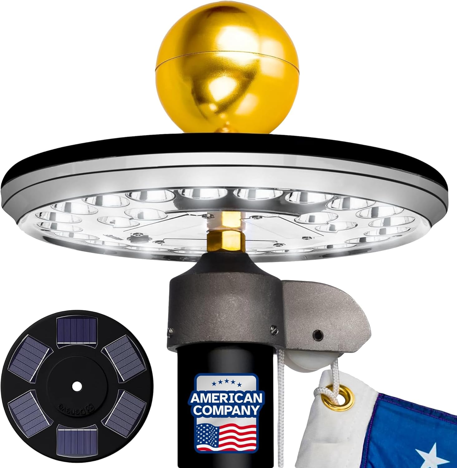 Deneve Deluxe Solar Powered Flagpole Lamp – Dusk to Dawn 12+ Hours, 26 LED, 1300 Lumen Outdoor Lighting for American Flag, Garden Decor, House Decor, 100% Coverage Black Model
