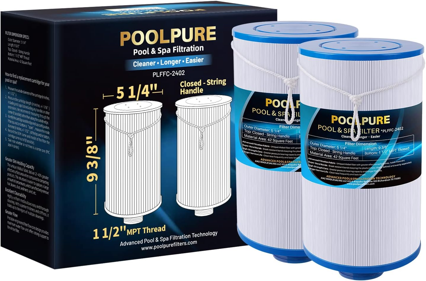 POOLPURE Spa Filter Replaces Watkins 303279, PFF42TC-P4, 5CH-37, 78460, FC-2402, Lifesmart, Freeflow, Aquaterra, Hydromaster, Grandmaster, Simplicity, Bermuda Hot Tub Filters 2PACK