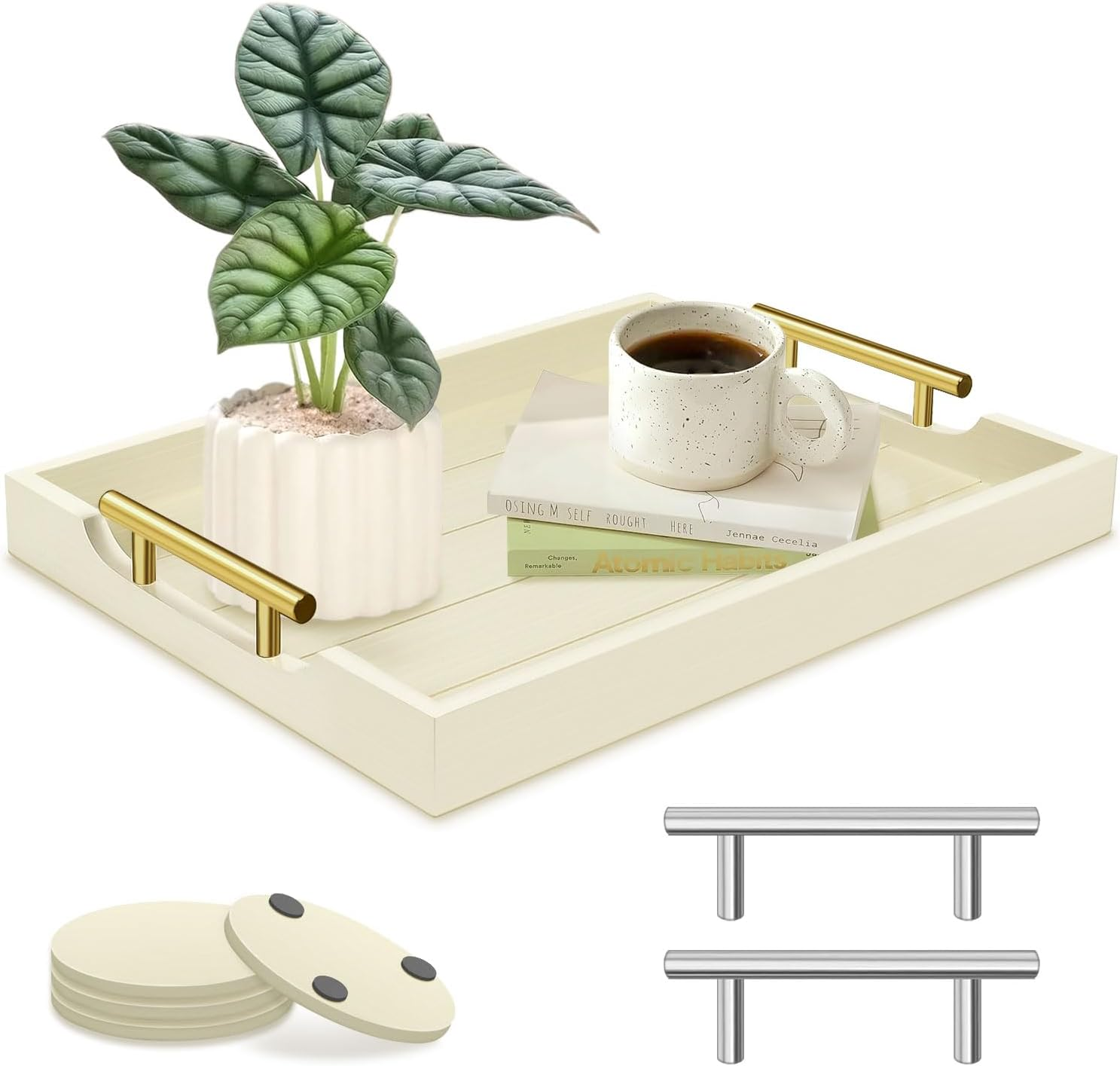 Coffee Table Tray - Large Ottoman Tray for Living Room - Wood Serving Tray with 2 Sets of Handles- Wooden Trays for Coffee Table, 4 Round Coasters Included, Off-White