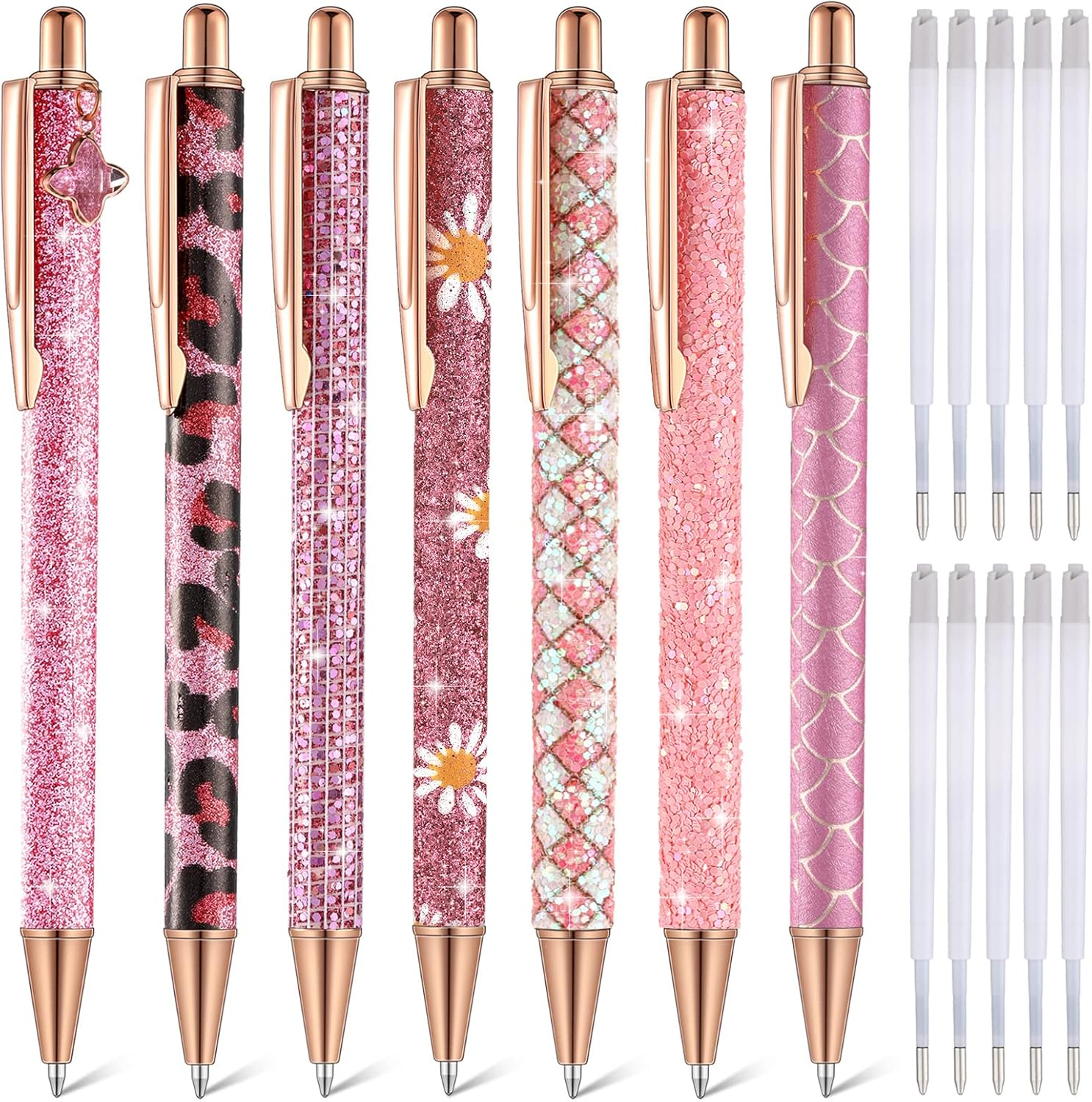 7 Pcs Fancy Pens for Women Sparkly Glitter Pens with 10 Pcs Black Pink Cute