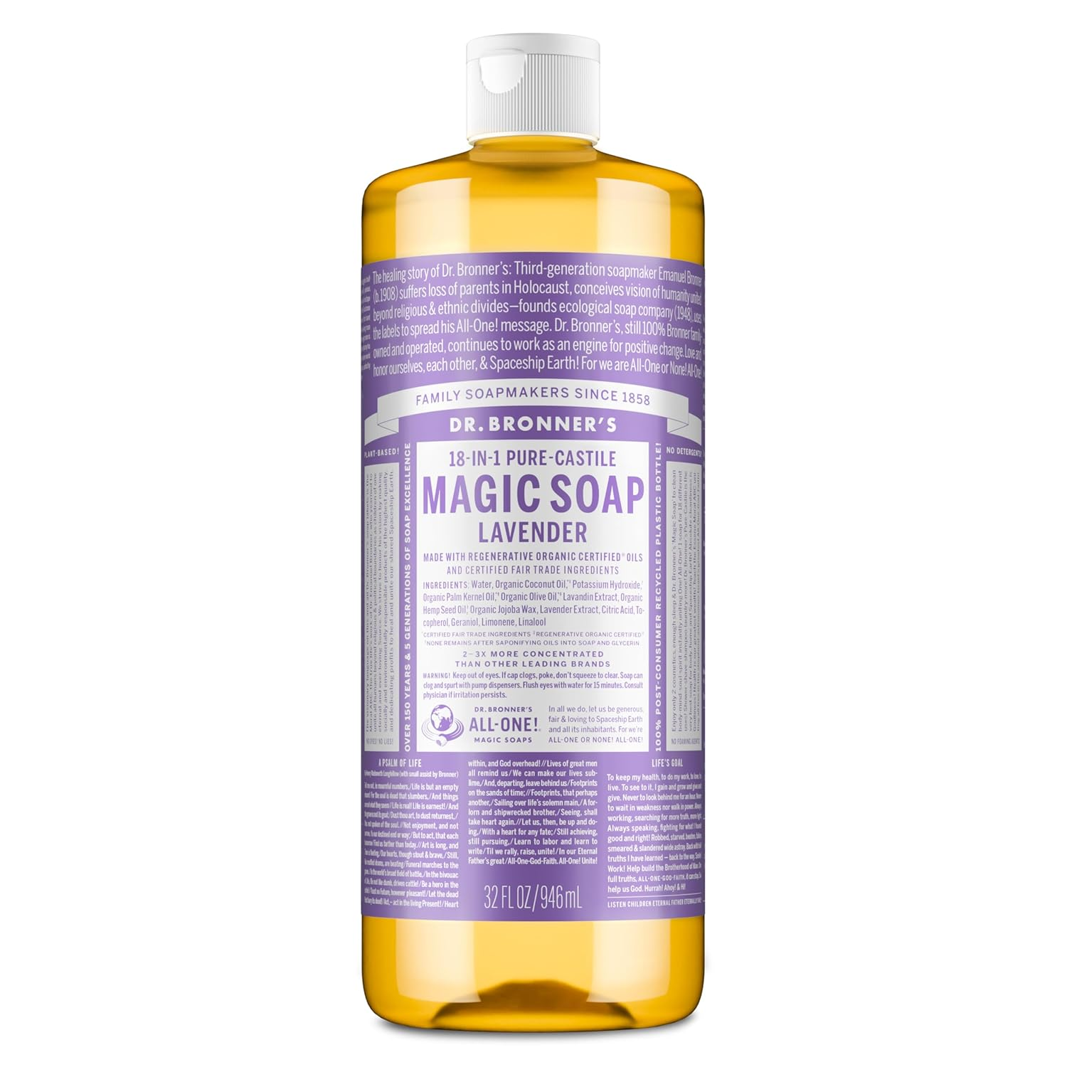 ’S Pure-Castile Magic Liquid Soap - Made with Regenerative Organic Certified Oils - 18-In-1 Uses for Face, Body, Hand, Hair- Gentle on Sensitive Skin - All Natural Body Wash- Lavender, 32Oz