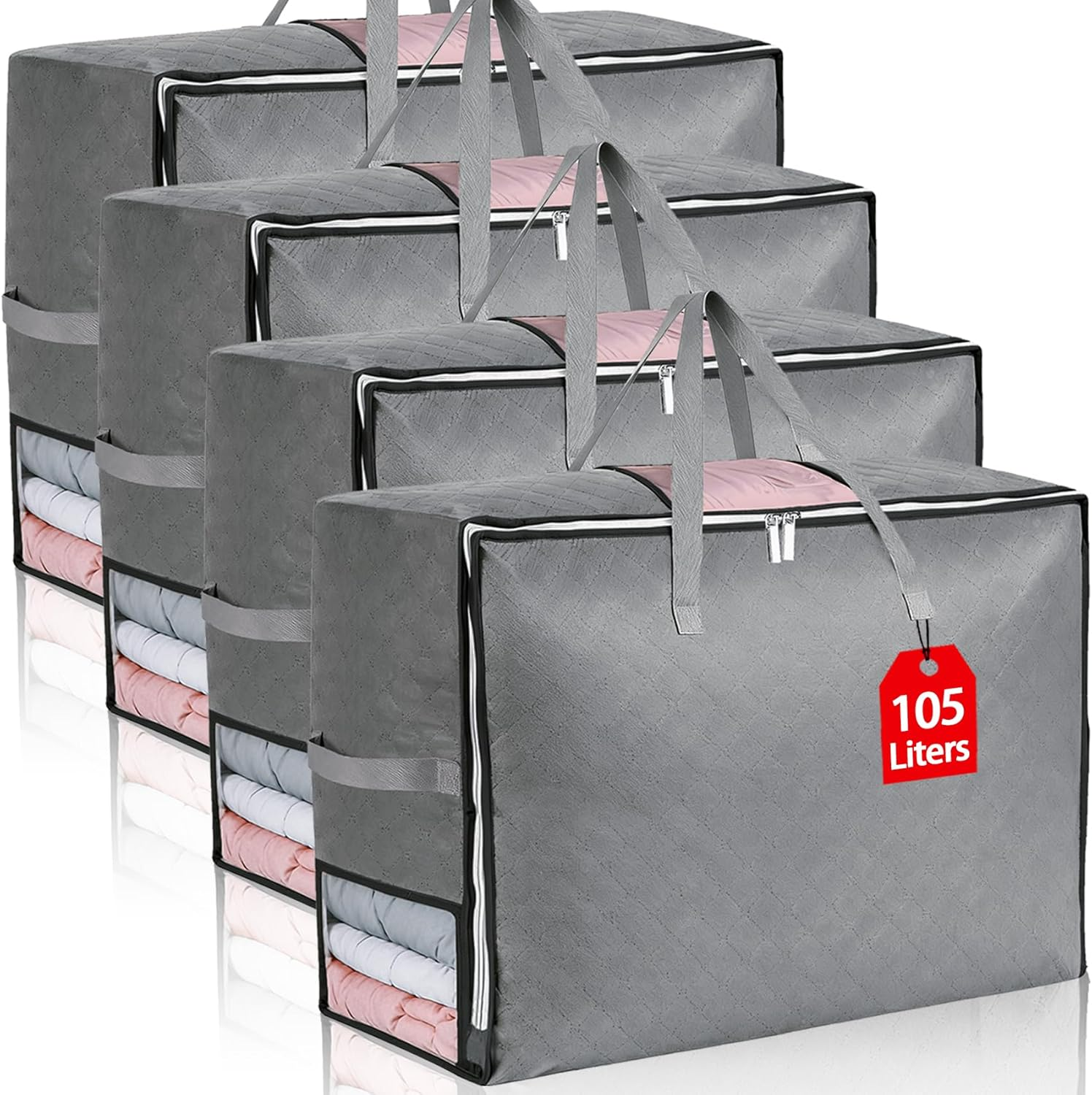 4Pack 105L Extra Large Blanket Storage Bags, Foldable Comforter Storage Bag for Bedding Pillow Sheet Clothes with Handles Zippers Clear Window Closet Organizers and Storages, Grey
