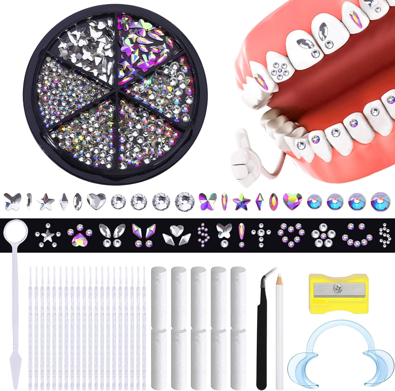 380 Pcs Teeth Gem Kit,Tooth Diamonds Gems Kit for Teeth DIY Crystals Teeth Jewelry Kit for Girls Y2K Crystal AB Rhinestones Butterfly Love Star Multiple Styles for Boys Harmless Fashionable