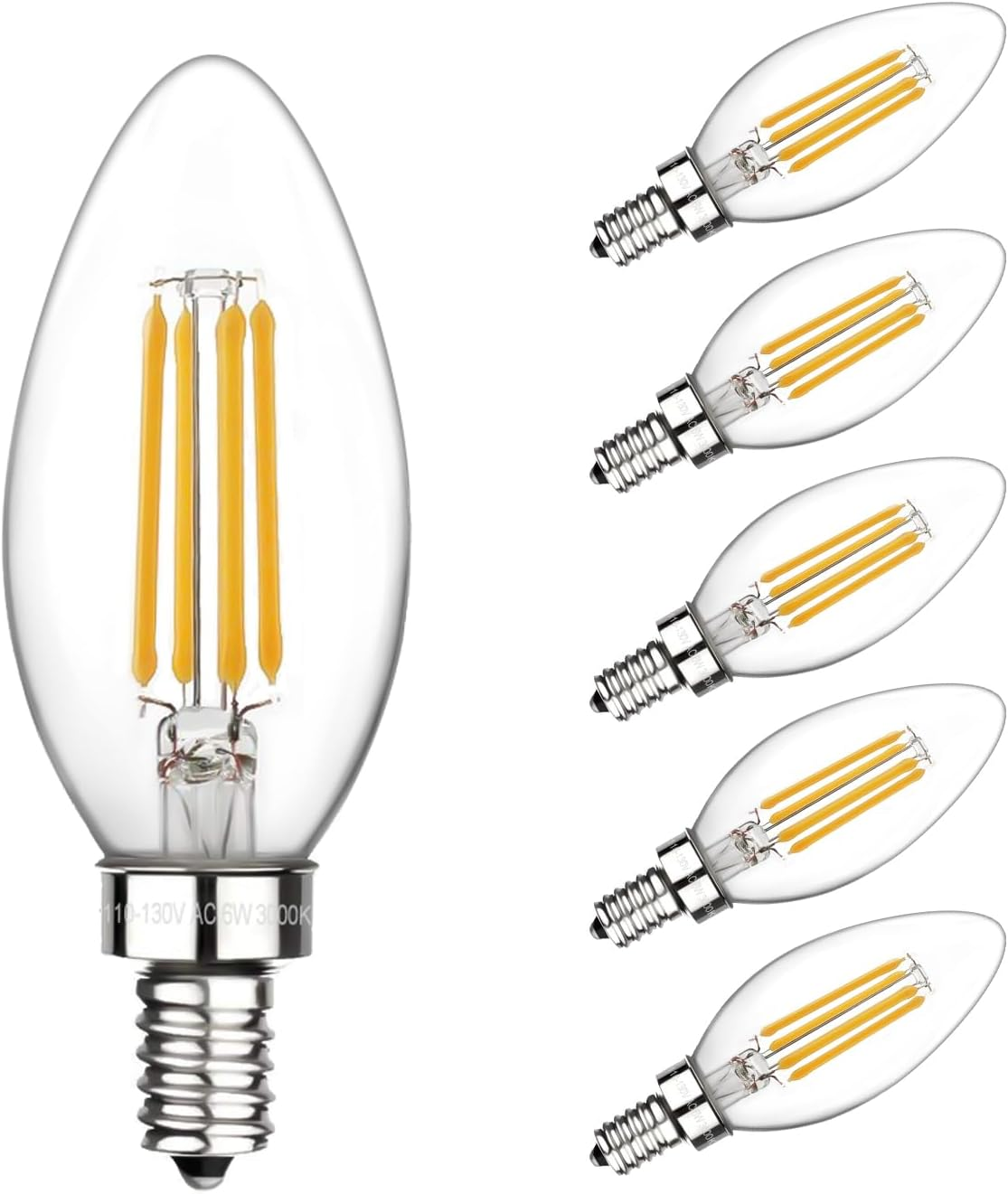 E12 Candelabra Bulbs 60 Watt, Chandelier Light Bulbs LED Candle Bulb 3000K Soft White, B11 LED Bulb Dimmable 6W 500 Lumens Filament Decorative Small Base Clear Glass, 6 Pack