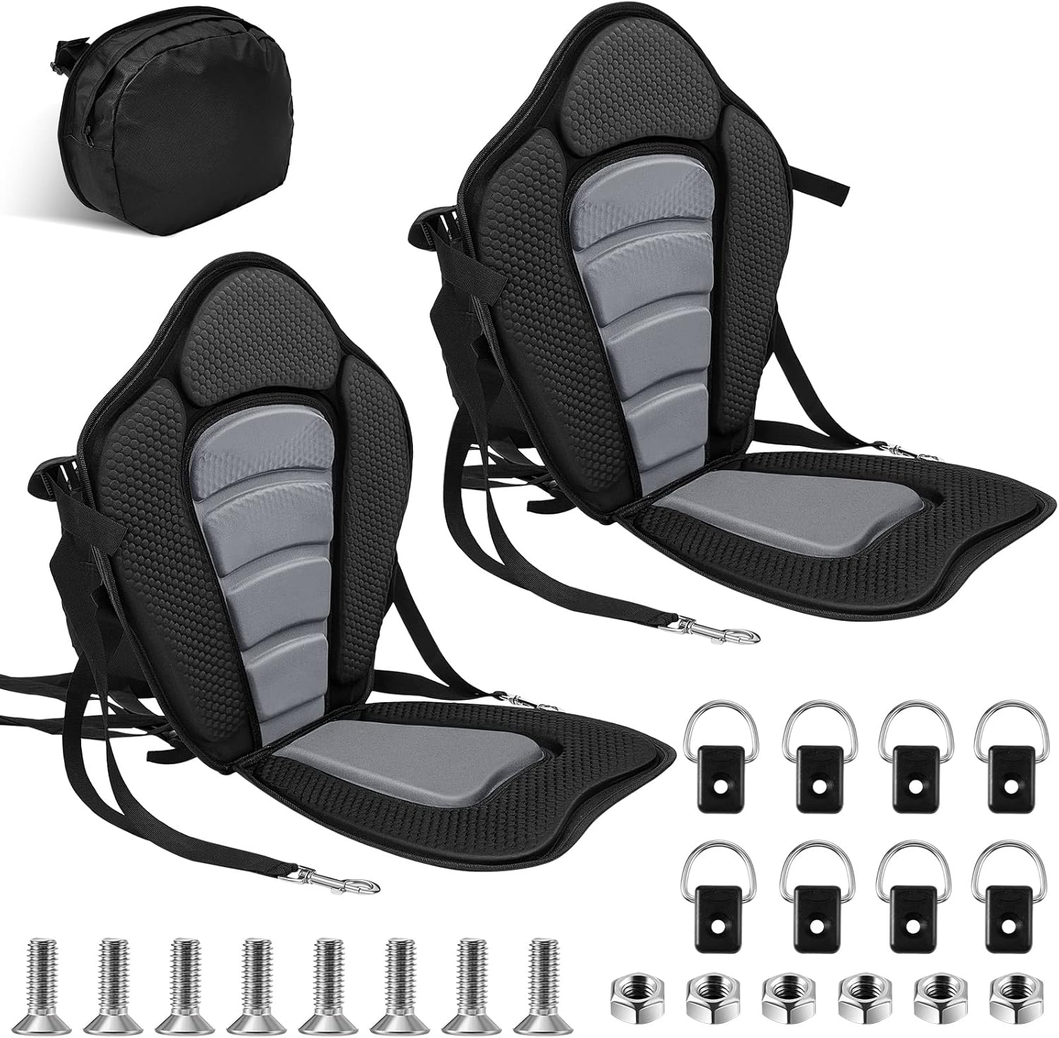 2 Pack Kayak Seats with Back Support Adjustable Sit on Top Padded Boat Seat with Detachable Storage Bag and 8 Fixed D Ring and Screws