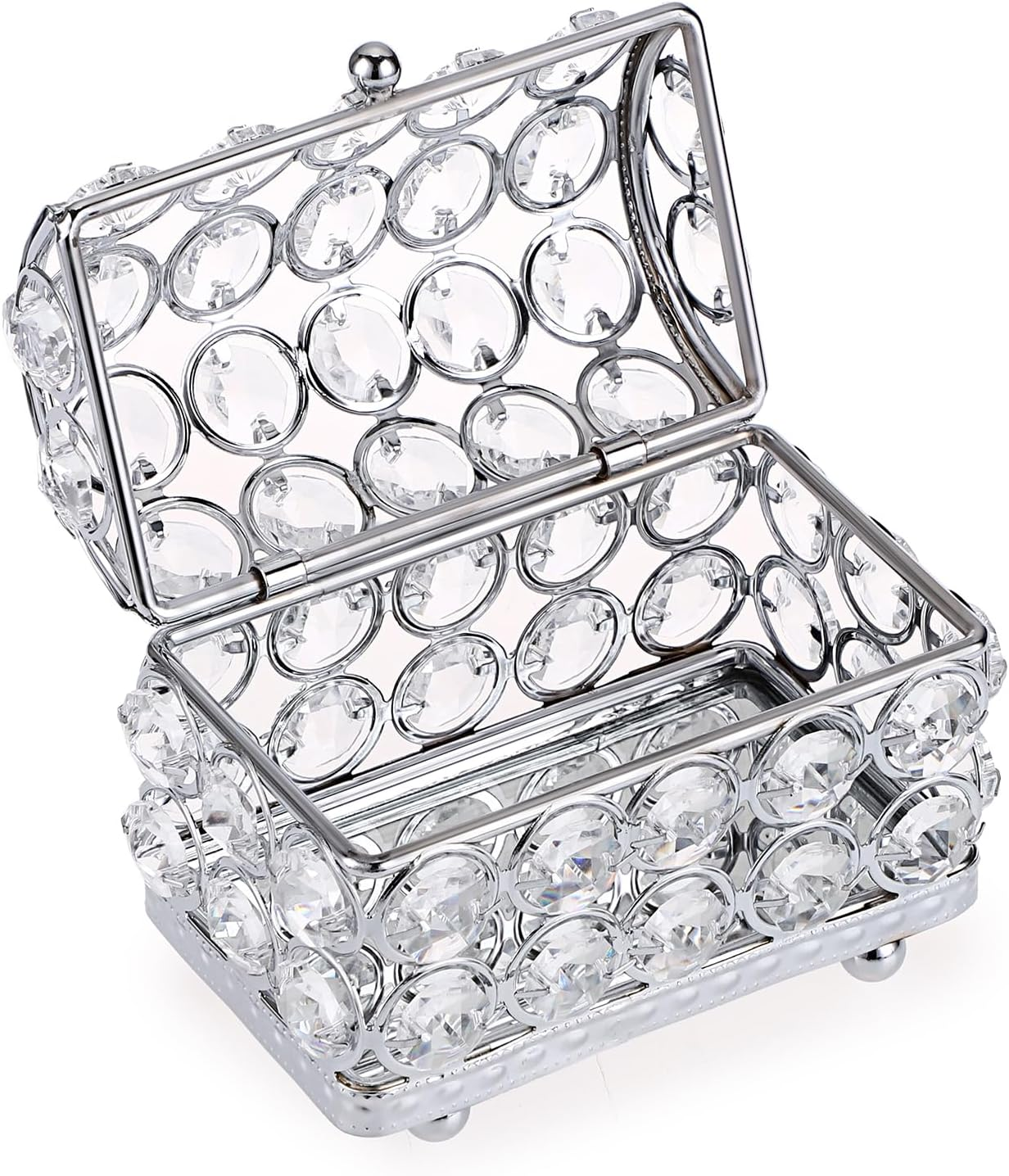 Crystal Jewelry Trinket Box Silver Mirrored Treasure Chest Box Small Keepsake Box Decorative Jewelry Display Case Organizer Earrings Rings Storage Box Gift for Women