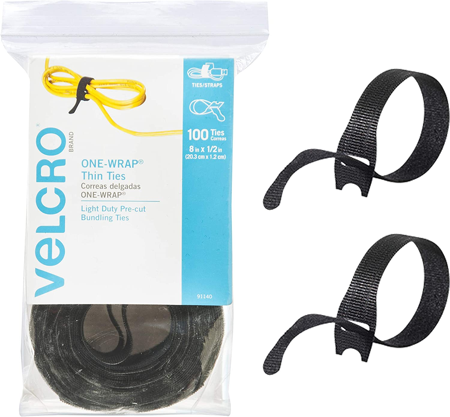 VELCRO Brand ONE-WRAP Cable Ties, 100Pk, 8 X 1/2