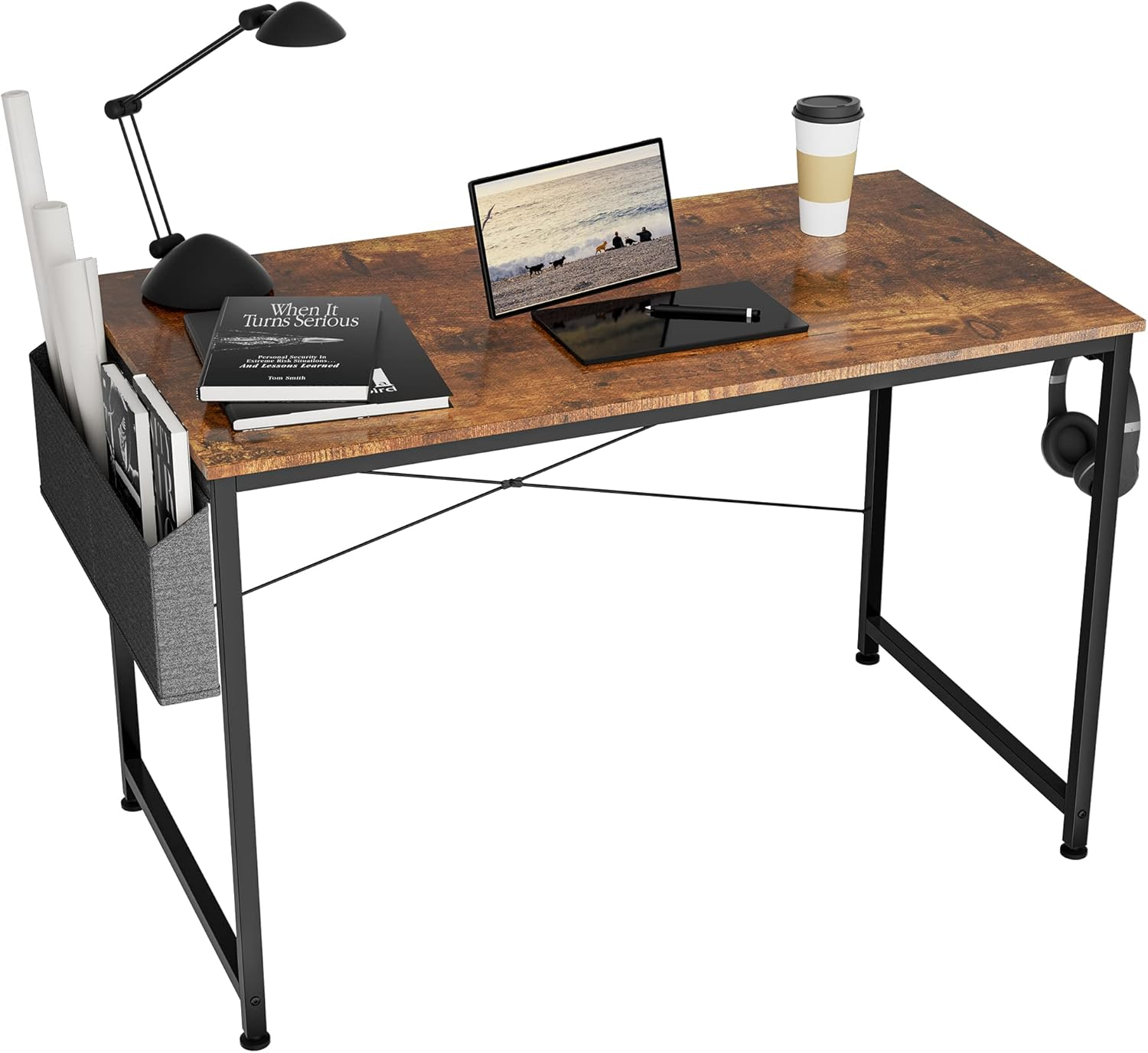 HOMIDEC Writing Computer Desk, Office Work Desk for Student and Worker, Laptop Table with Storage Bag and Headphone Hook,Modern Simple Style Desks for Bedroom, Home, Office(80X50X75Cm)