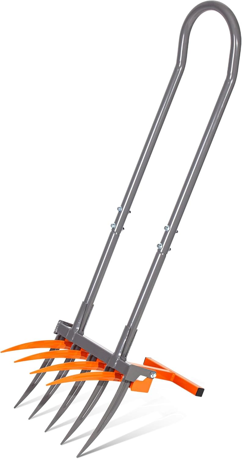 Broad Fork Garden Tool, 9 Tines Heavy Duty Broadfork Hand Tiller, 2-In-1 Garden Pitchfork with Ergonomic U-Shaped Handle, Spading Digging Fork for Gardening, Cultivating