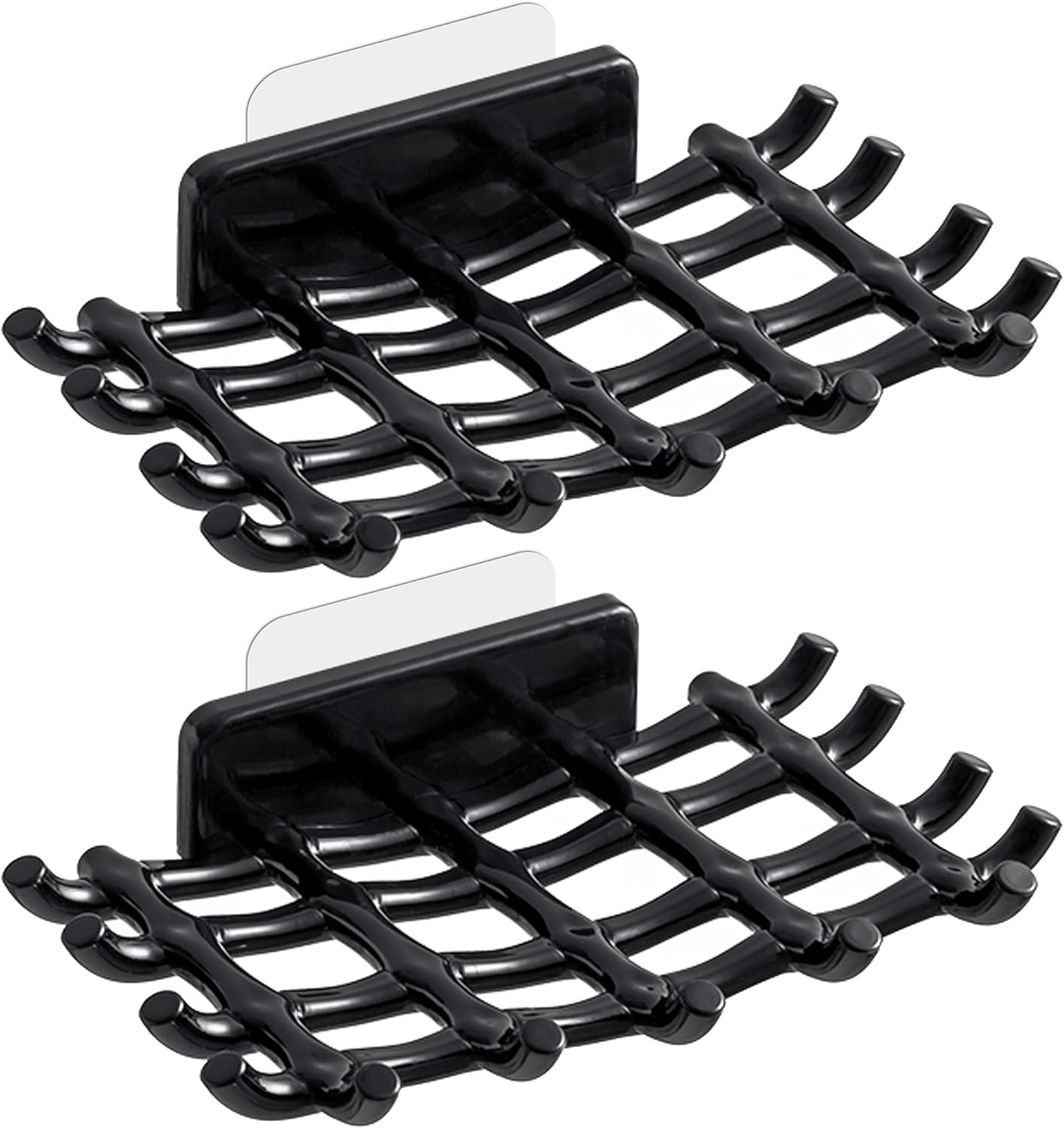 Soap Bar Holder for Shower Wall, Self Draining Soap Dish with Hooks, No Drilling, Bathtub Kitchen Sink Waterproof Adhesive Wall Mounted Dish (2 Pack, Black)