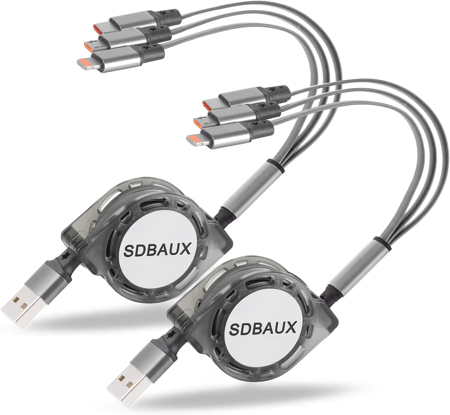 2Pack Multi USB Charger Cable Retractable 3 in 1 Multiple Charging Cord Adapter with Mini Type C Micro USB Port Connectors Compatible with Cell Phones Tablets Universal Use (2Pack-Grey)