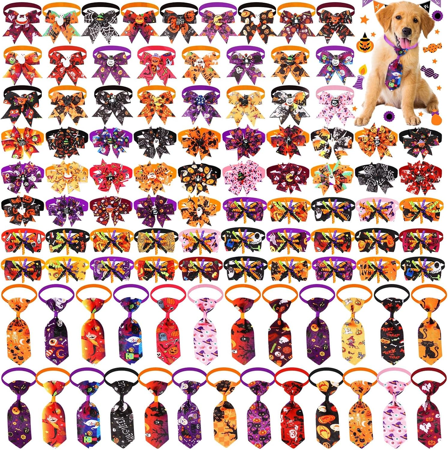 Huhumy 100 Pcs Halloween Dog Bow Ties Small Medium Pet Collar Accessories