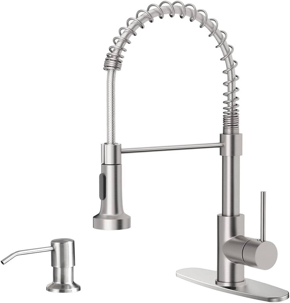 Kitchen Sink Faucet with Soap Dispenser, Kitchen Faucet with Pull down Sprayer Stainless Steel Single Handle High Arc Pull Out Brushed Nickel Faucet for Bar Laundry RV Utility Sink