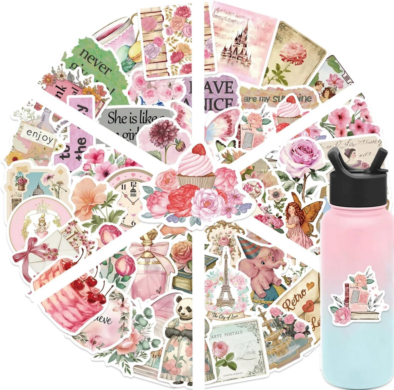 50PCS Retro Pink Collage Doodles Sticker Butterfly Flower Letter Theme PVC St... - Picture 9 of 14