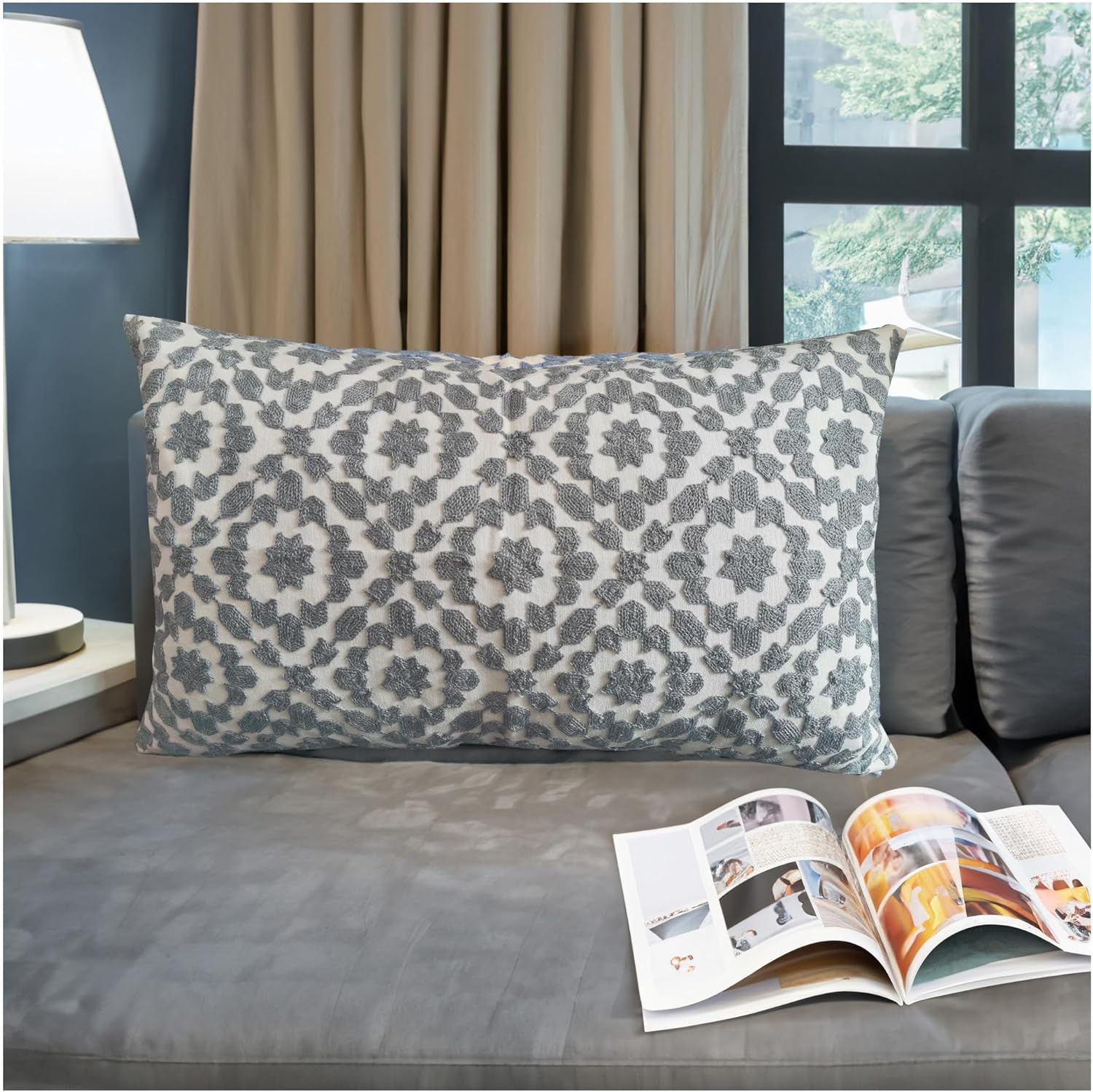 Throw Pillow Cover Decorative Lumbar Pillowcase Grey Silver and White 12X20 1PC 30x50cm Mina Gray Silver Embroidered Trellis Cotton Canvas Summer Bolster Pillow Cushion Shell