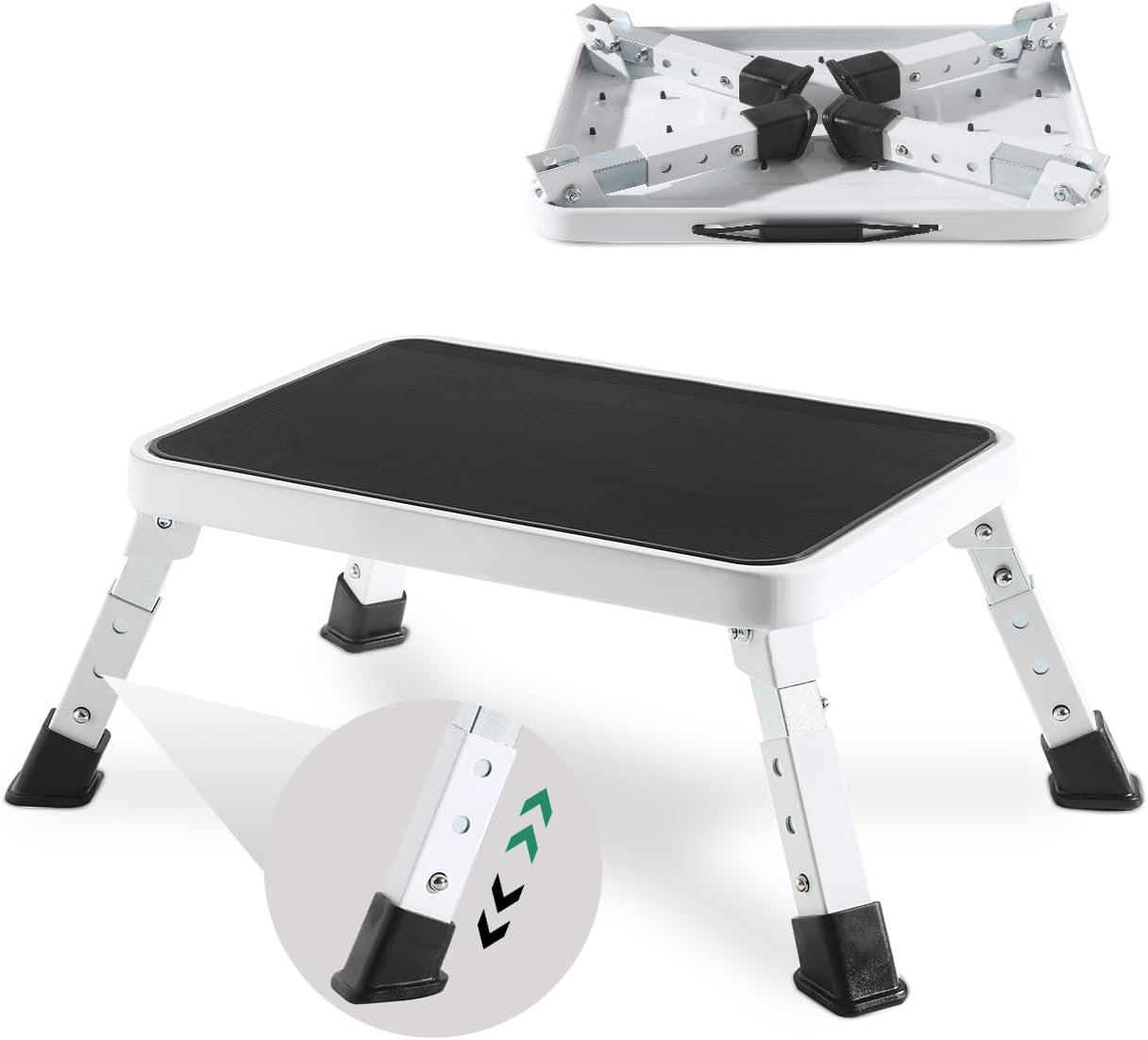 Adjustable Folding One Step Stools for Adults, Heavy Duty Metal Step Stool for Kids/Seniors, Foldable Camper/Rv Step Stool, Portable Small Stepping Stool for College Dorm Bed/Kitchen/Car by