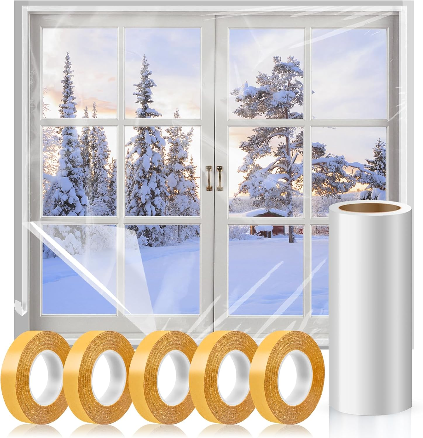 Window Insulation Kit, 63 × 394 Inch Plastic Window Coverings for Winter, Thicken Window Shrink Film Insulator Kit Windows Waterproof Winterizing with 5 Double-Sided Tape for 10 Pcs 3 X 5 Ft Windows