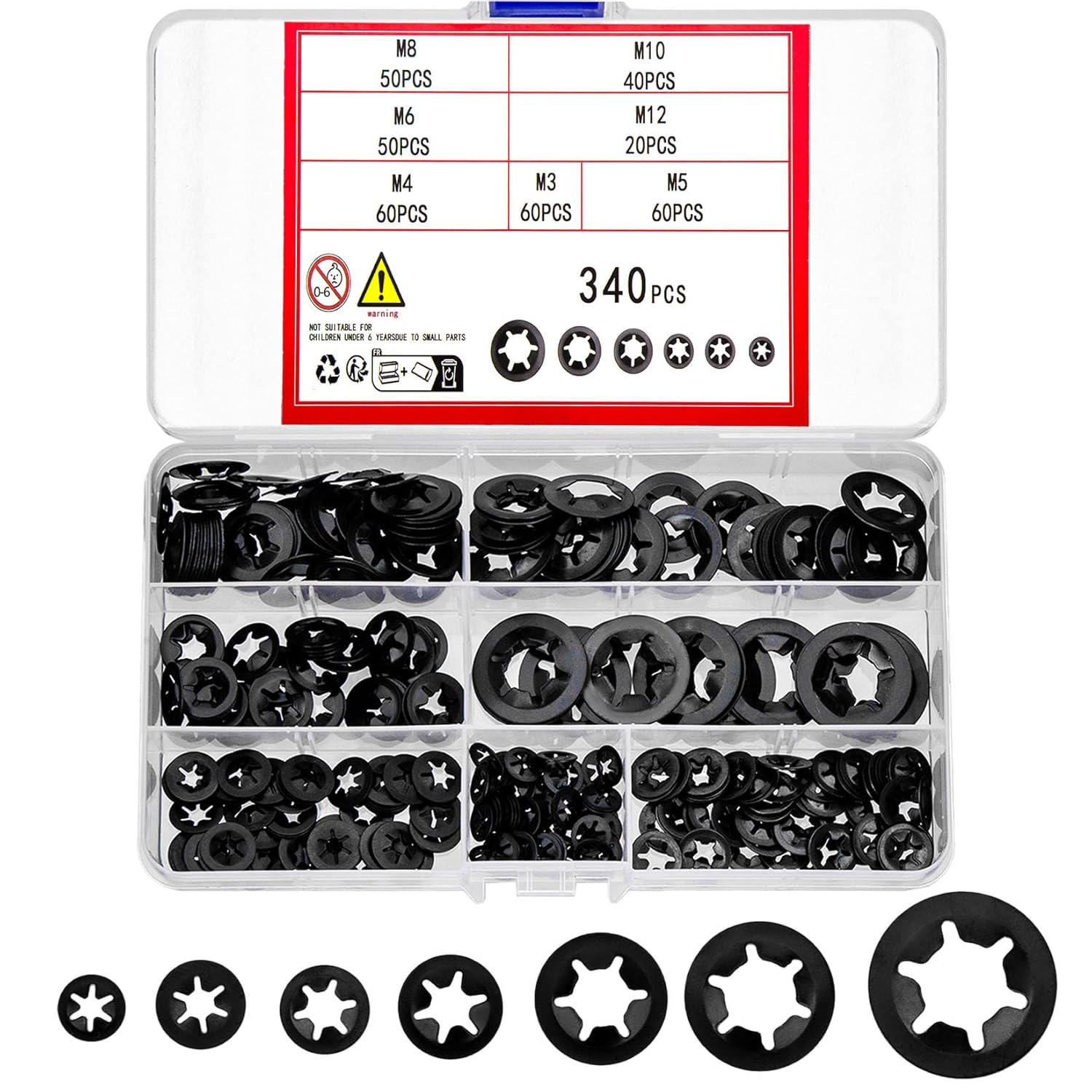 Wugongshan 340 Pcs Internal Tooth Starlock Locking Washers, Push on Speed Clips Fasteners Washers Assortment Kit, Quick Speed 65Mn Black Clips Lock Gaskets - M3, M4/M5/M6/M8/M10/M12