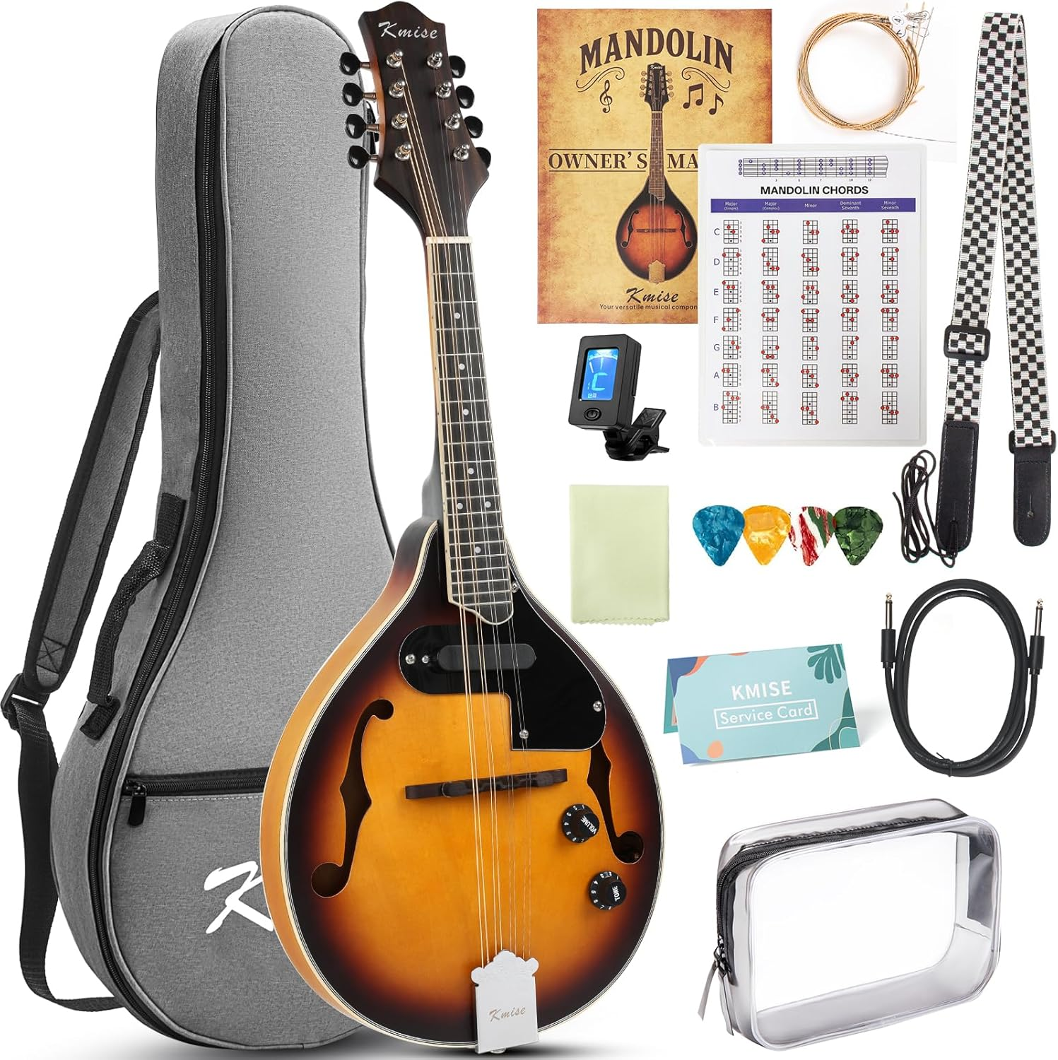 Mandolin Instrument a Style, Electric Acoustic Mandolins Instrument Kit 8 String with Tuner Strap Gig Bag Chord Chart for Beginners Adults Teens Youth Kid(A String Electric Mandolin, 8 String)