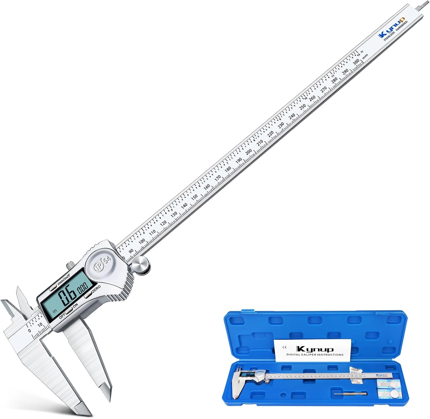 Kynup Digital Caliper, 12 Inch Caliper Measuring Tool with Stainless Steel, IP54 Splash Proof Protection Design, Large LCD Screen, Easy Switch from Inch Metric Fraction (300Mm)