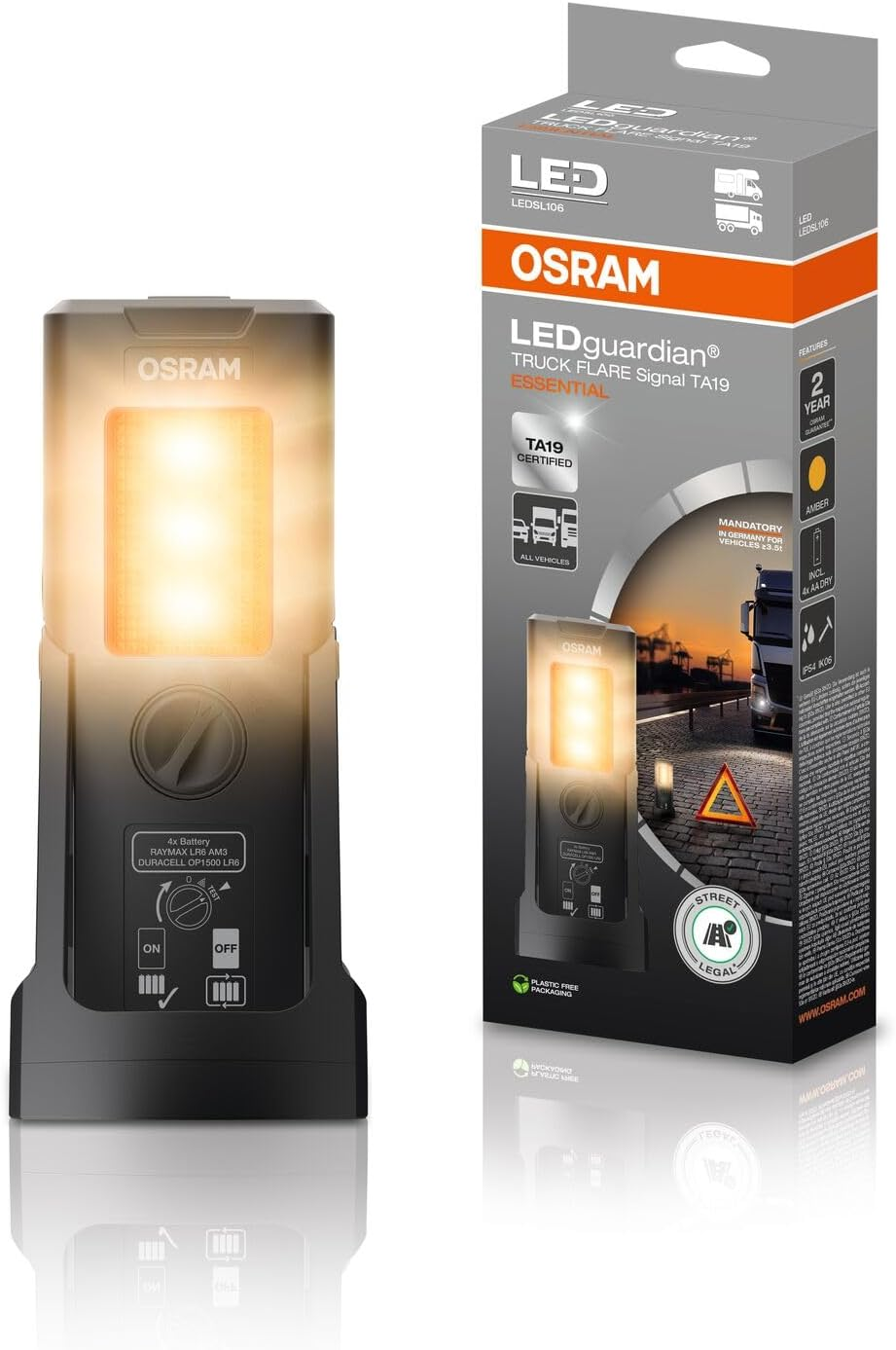 OSRAM LED Guardian TRUCK FLARE Signal TA19 Essential, Straßenzugelassenes Led-Warnlicht Für LKW Und Fahrzeuge Über 3,5T, Vorgeschrieben in Deutschland, Orange