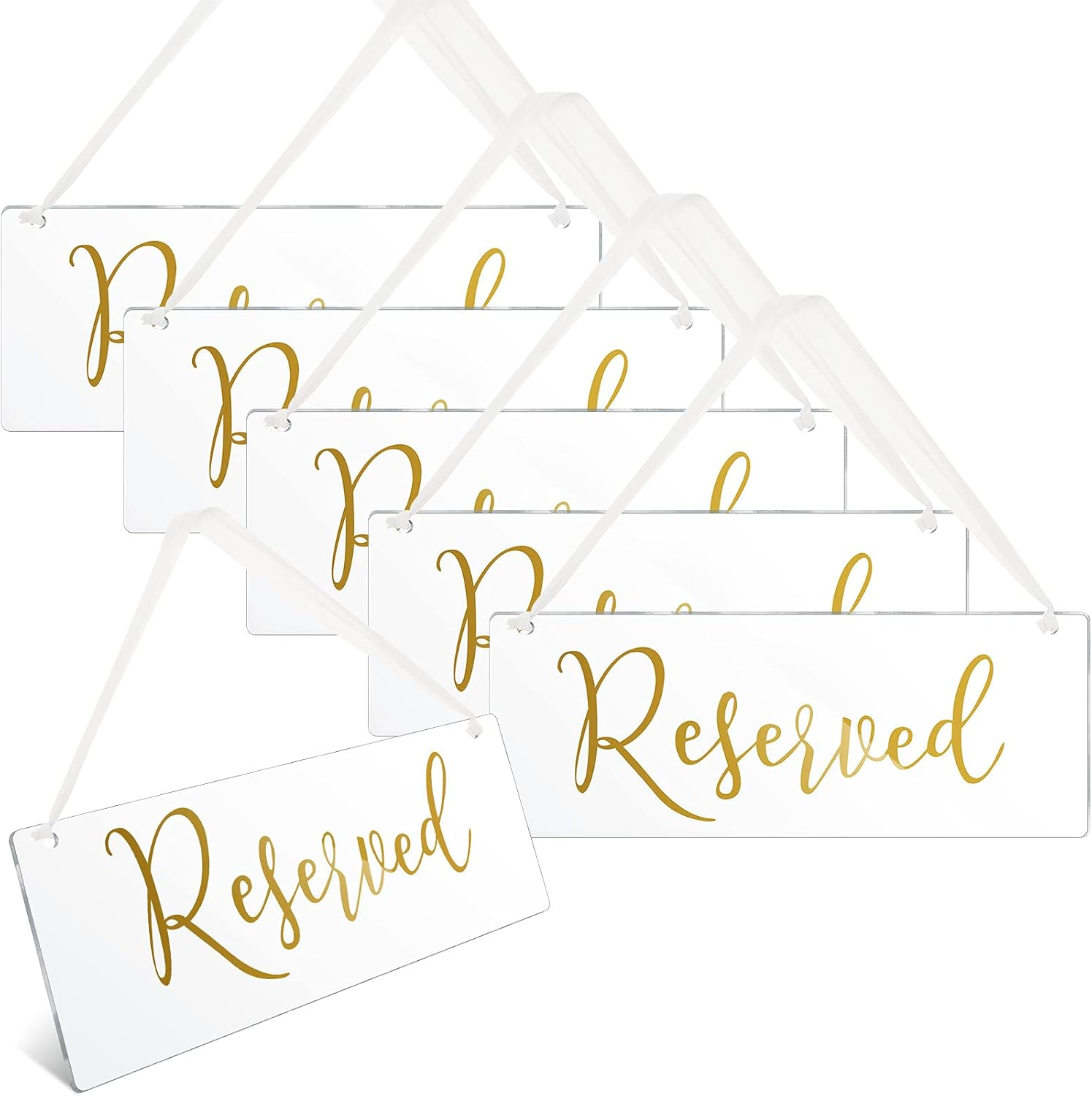 6 Pcs Reserved Signs for Wedding Chairs Acrylic Tag Hanging with Ribbon for Wedding Reserved Signs for Important Events Church Pews Chair and Restaurant(Gold)