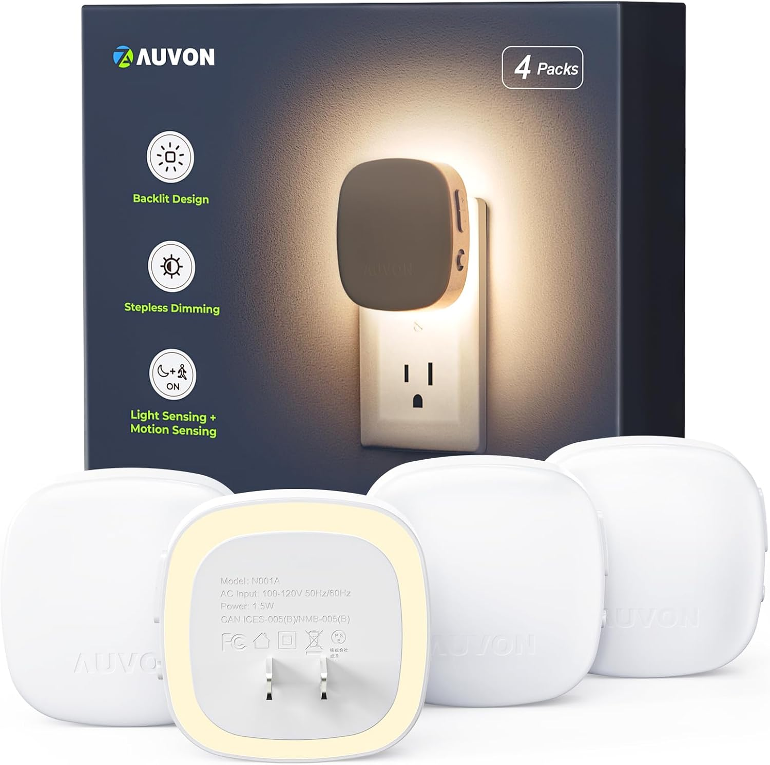 Plug-In LED Backlit Night Light with Motion Sensor & Dusk to Dawn Sensor, 2200K Soft Warm White Nightlight with 1-50Lm Dimmable Brightness for Adults & Kids' Bedroom, Bathroom, Hallway (4 Packs)