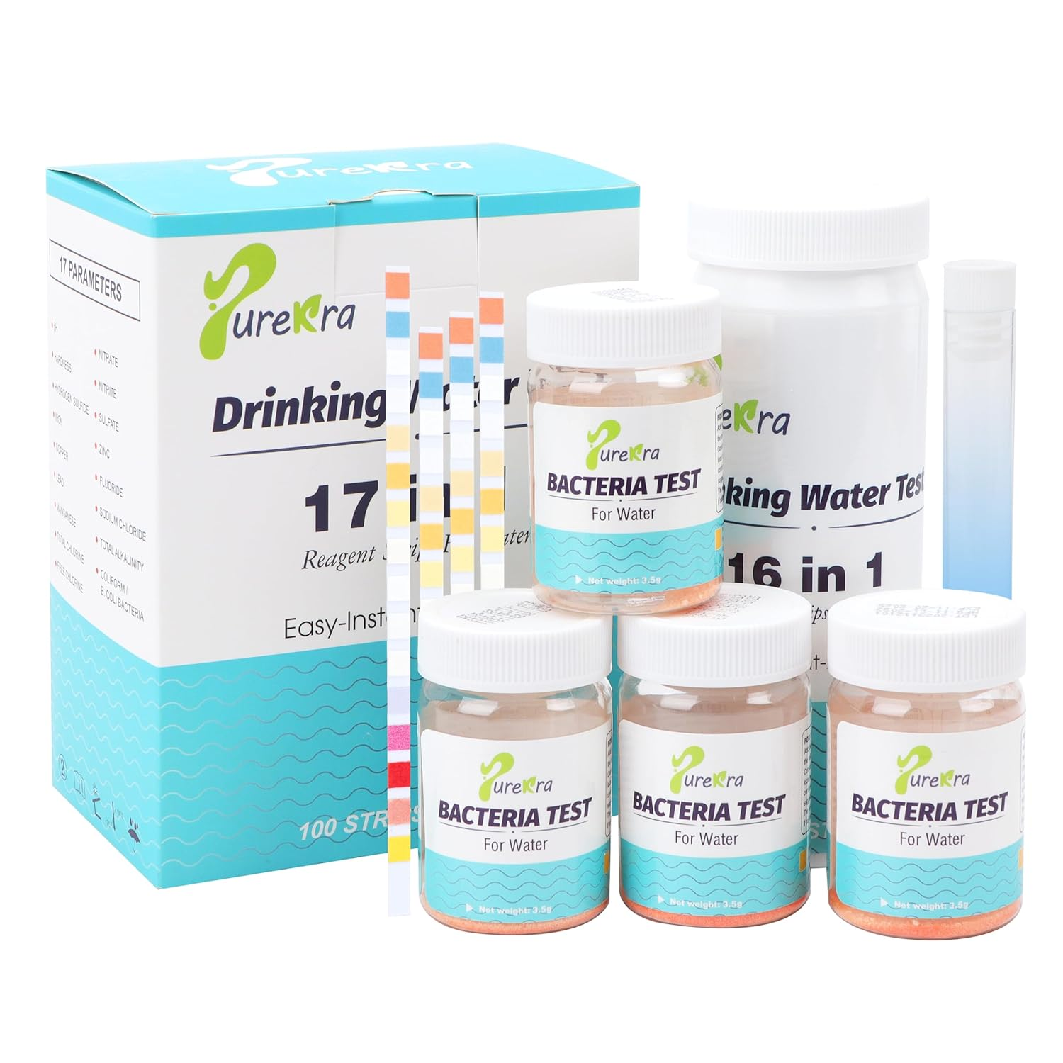 17 in 1 Drinking Water Test Kit for Well & Tap, 4 Coliform Bacteria Tests + 100 Water Test Strips, Water Testing Kit for Lead, Ph, Iron, Hardness, Fluoride, Copper, Total Chlorine and More