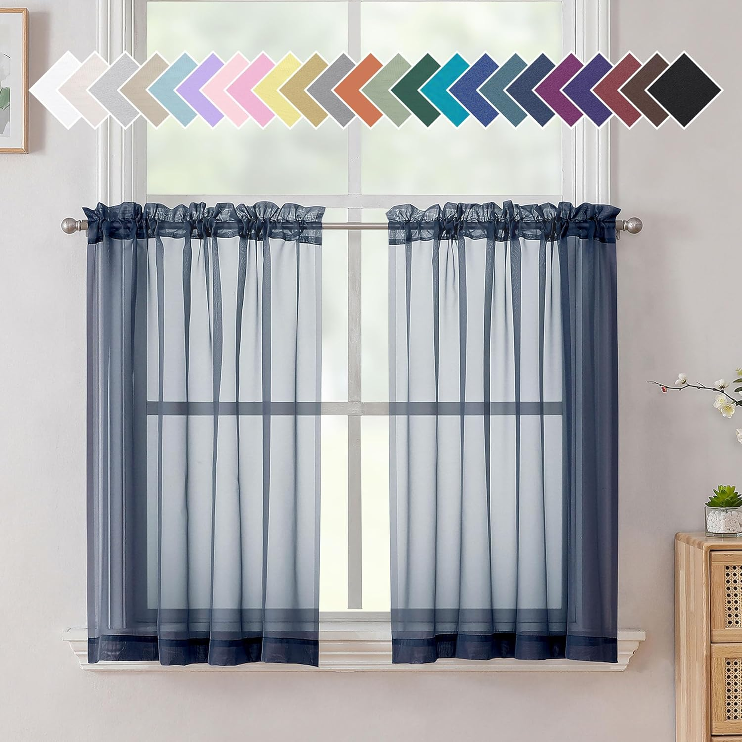 Aiyufneg Navy Blue Sheer Curtains 36 Inches Long, Short Kitchen Window Treatment