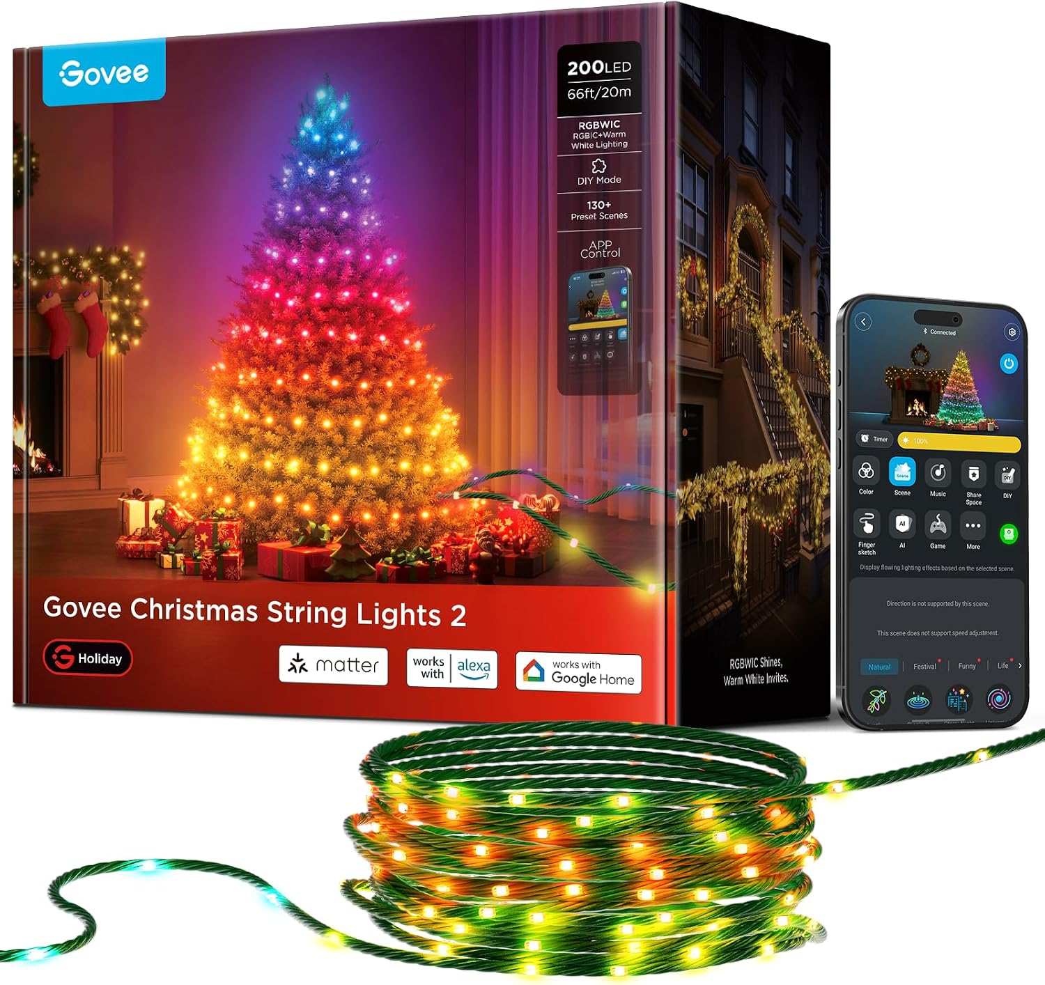 Smart Christmas String Lights 20M, 200 RGBWIC Leds Holiday Fairy Lights for Indoor & Outdoor, Shape Mapping, AIGC, App Control with 130+ Dynamic Scene Modes, Compatible with Matter, Green Cable