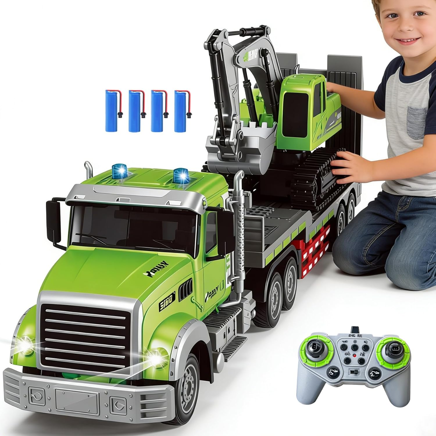 11 Channel RC Semi Truck & RC Excavator Toy Set, 1:12 Remote Control Flatbed Truck with Trailer, Engineering Vehicle with Sound & Lights, Alloy Bucket Excavator Toys, Great Gift for Boys Kids
