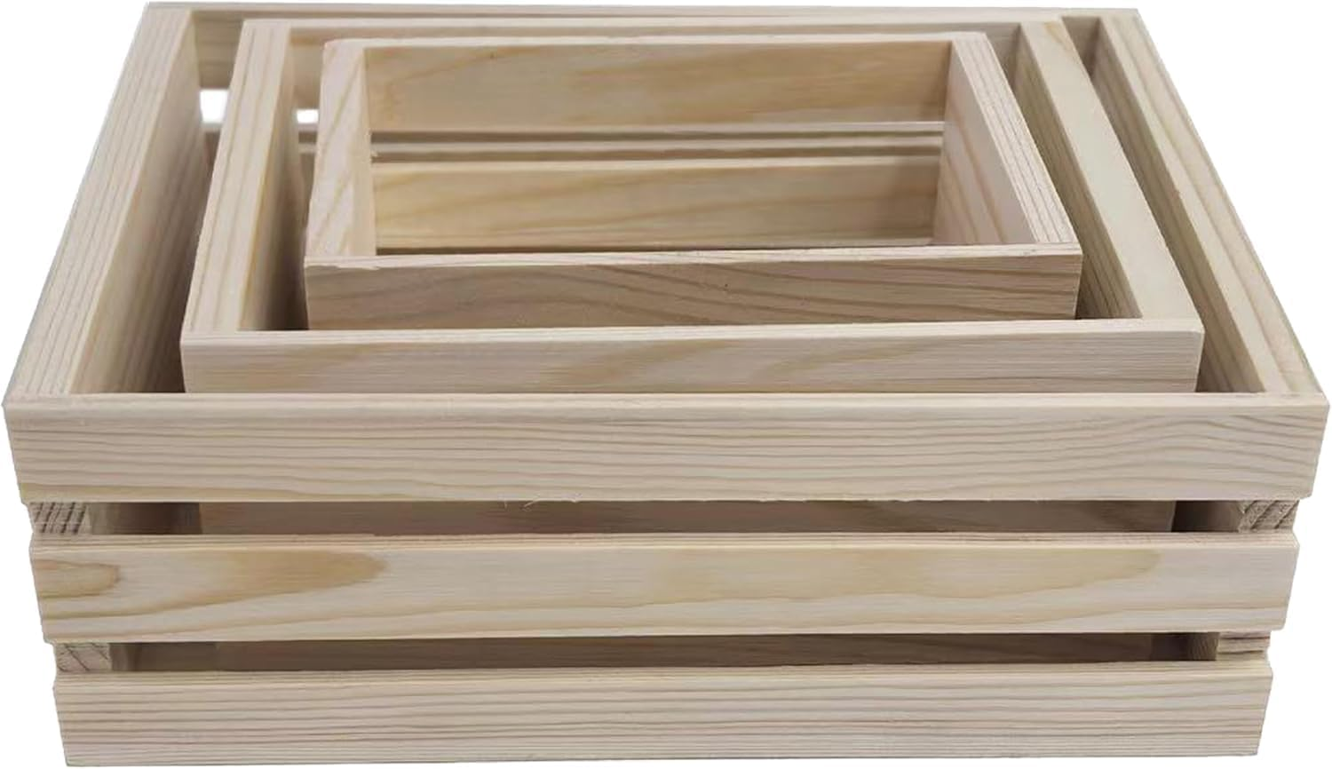 3 Pack Wooden Crates, Rustic Pine Nesting Storage Boxes