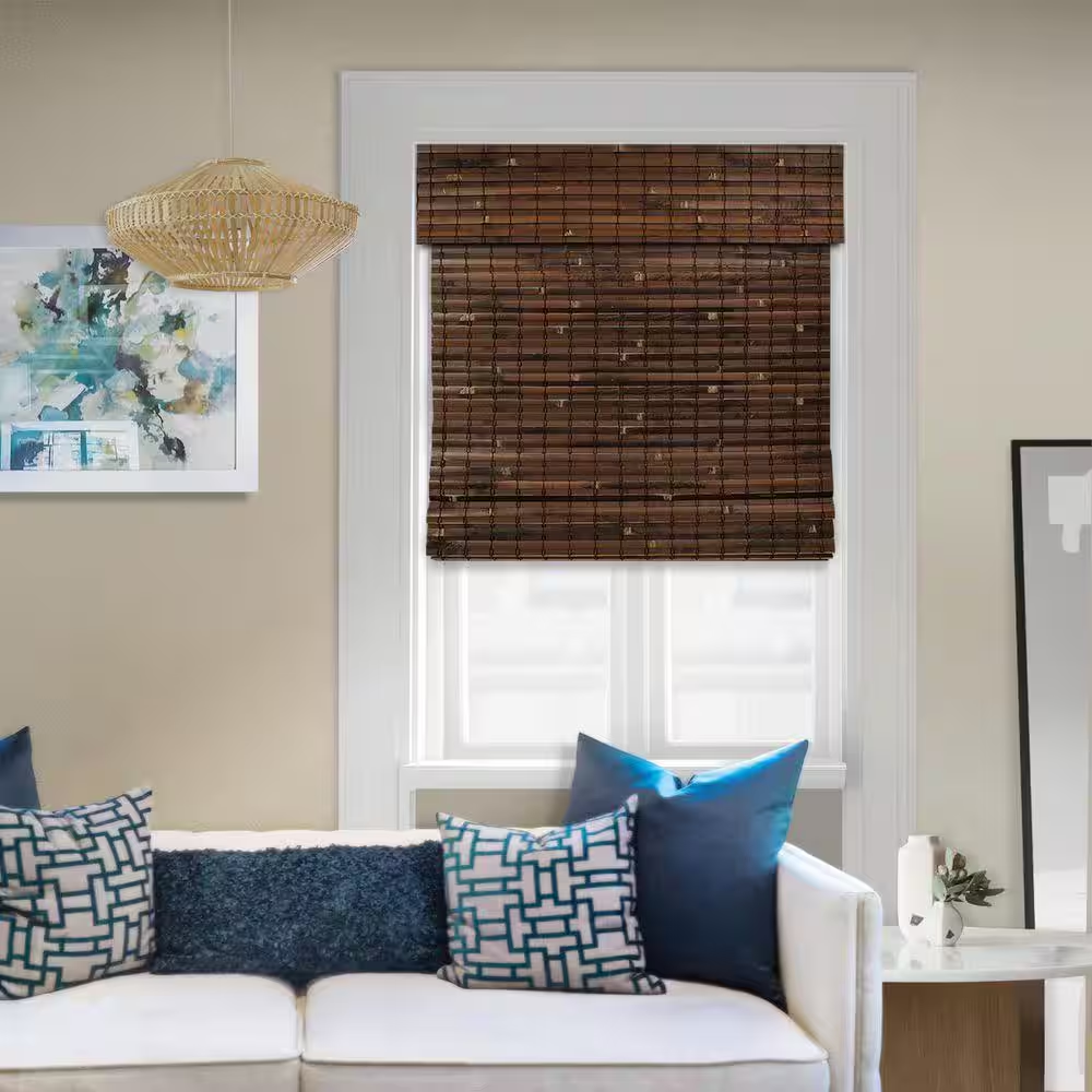 Natural Woven Light Filtering Cordless Bamboo Roman Shades for Windows, 29.5 In. W X 72 In. L, Smoke